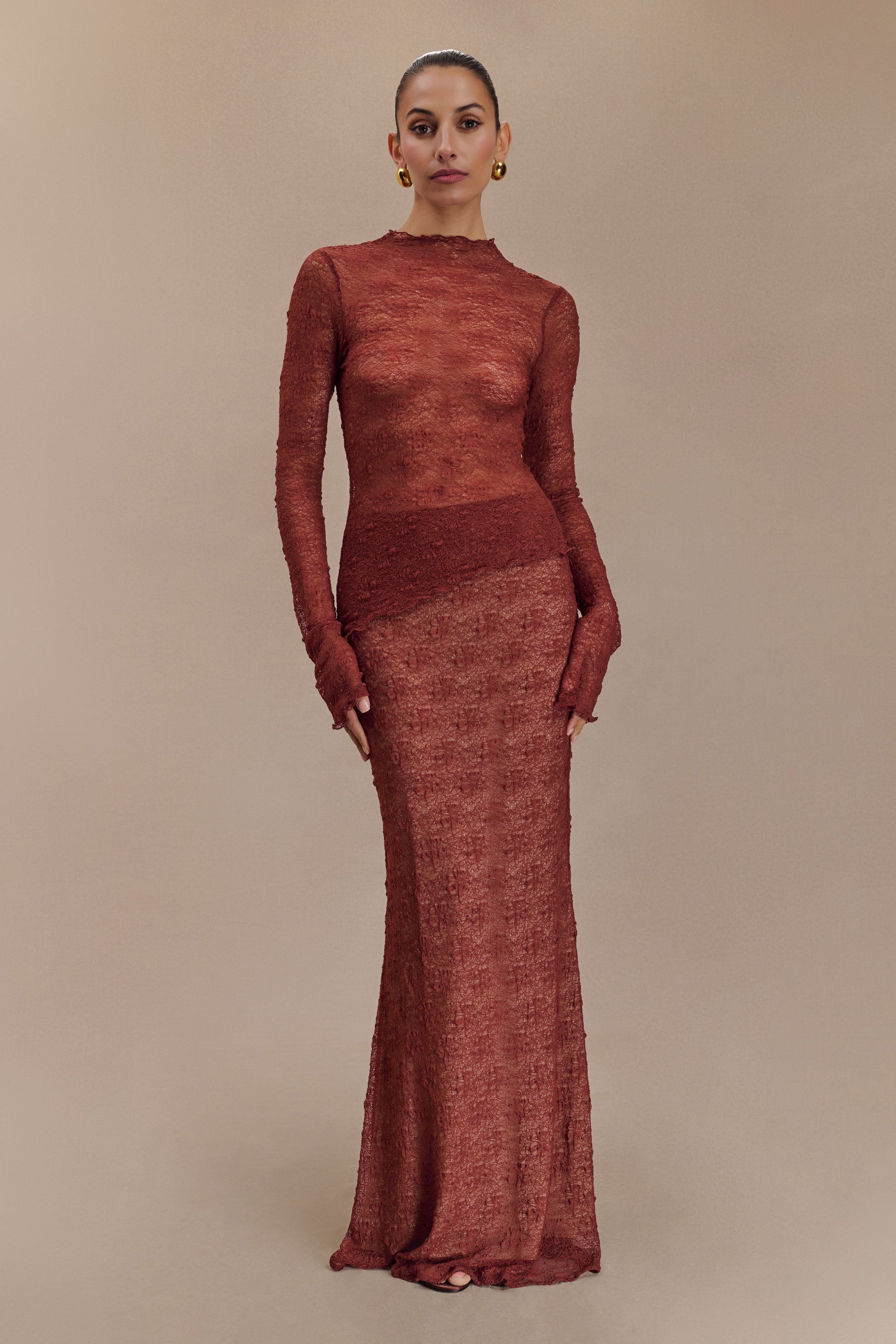 Robyn Sheer Lace Maxi Skirt - Chilli #2