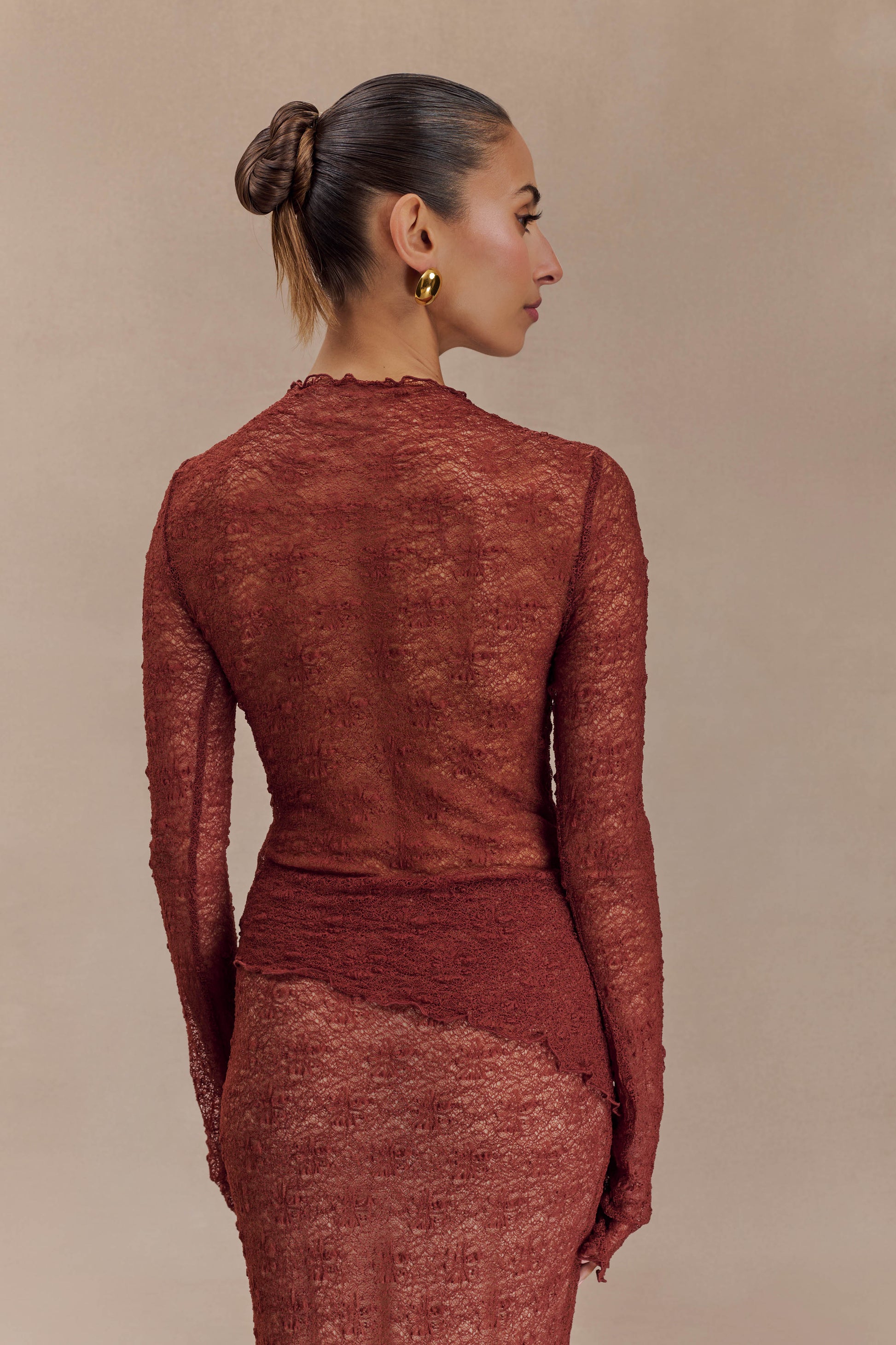 Riley Sheer Lace Long Sleeve Top - Chilli #3