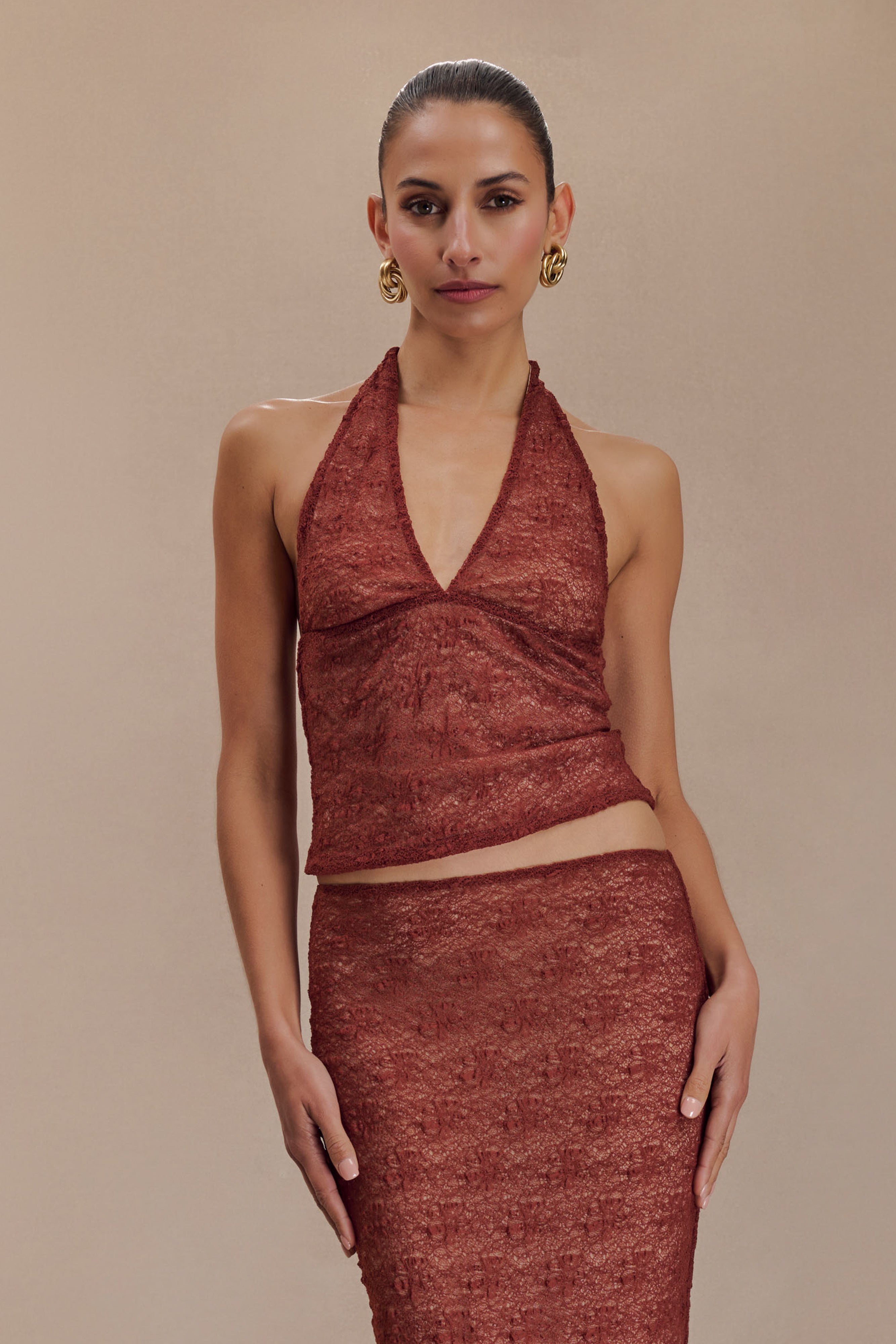 Asher Sheer Lace Halter Top Chilli