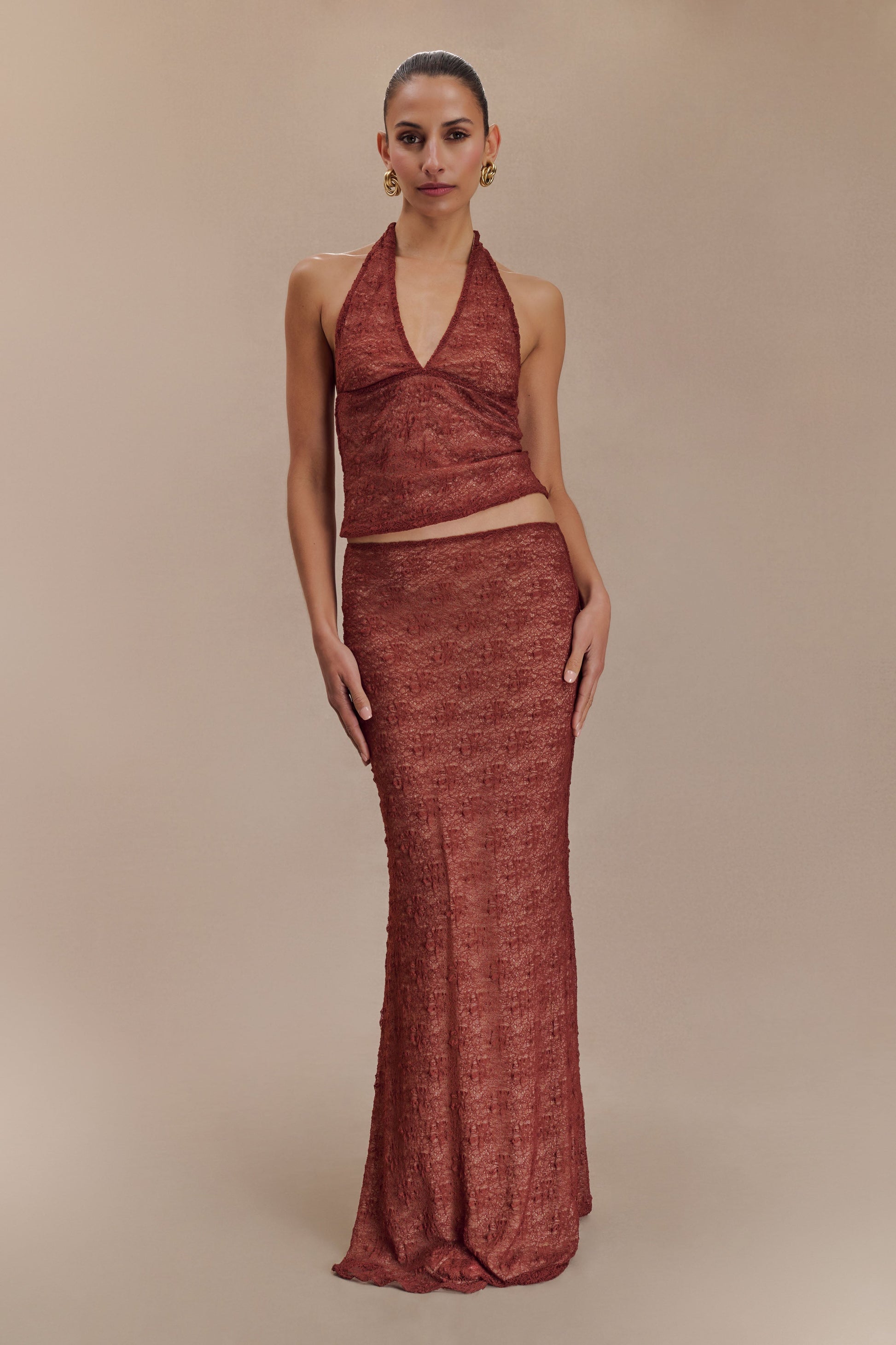 Asher Sheer Lace Halter Top - Chilli #10