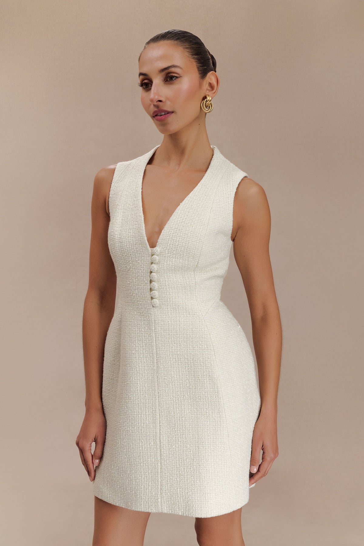 Danna Boucle Mini Dress With Pleats - White #7