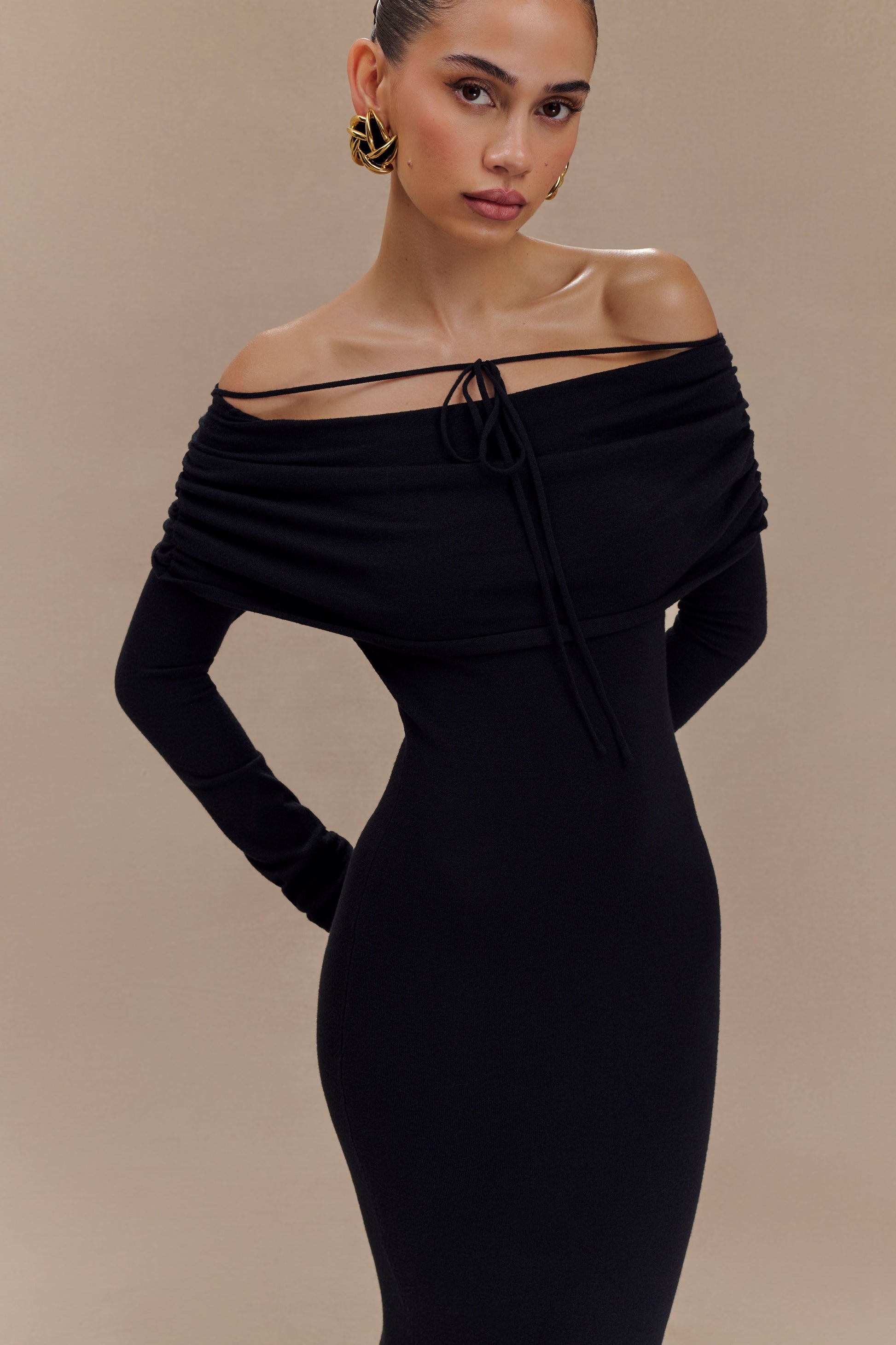 Georgiana Off Shoulder Knit Midi Dress - Black #3