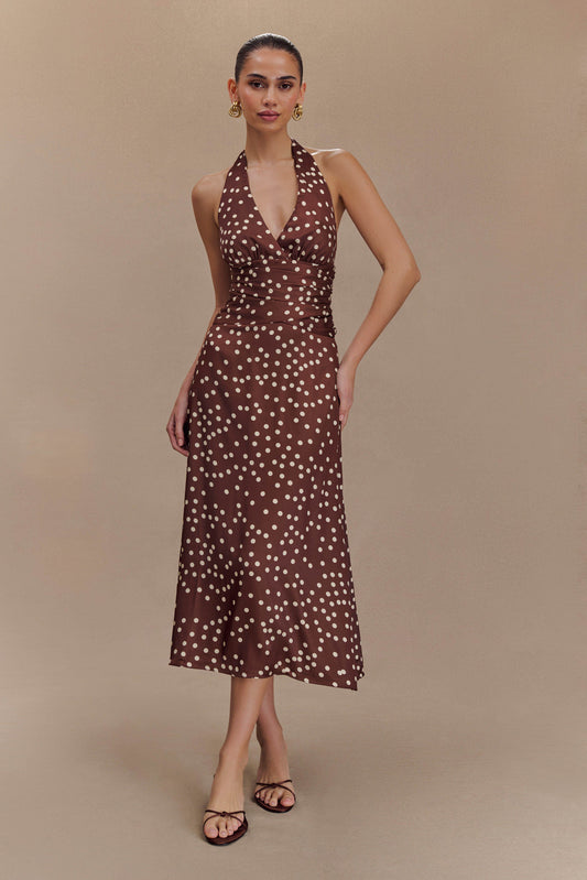 Marguerite Satin Halter Midi Dress - Brown Polka Dot Print