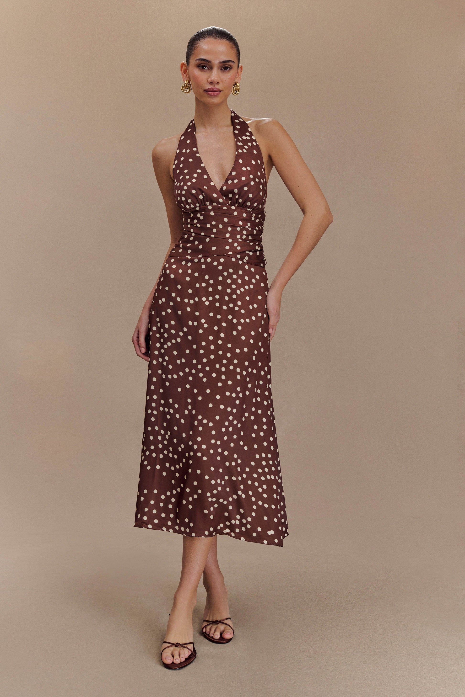 Marguerite Satin Halter Midi Dress - Brown Polka Dot Print #7