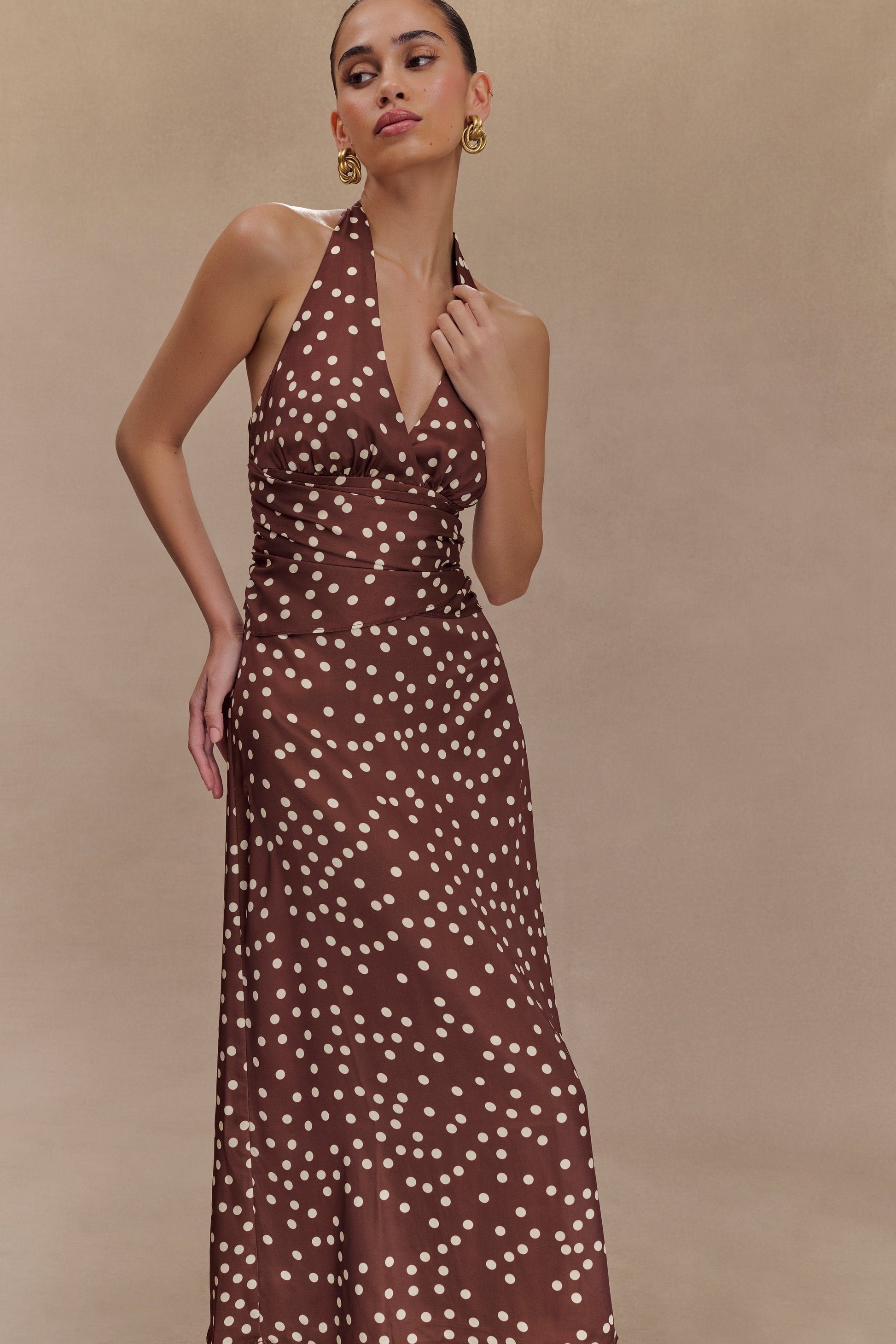 Marguerite Satin Halter Midi Dress - Brown Polka Dot Print #8