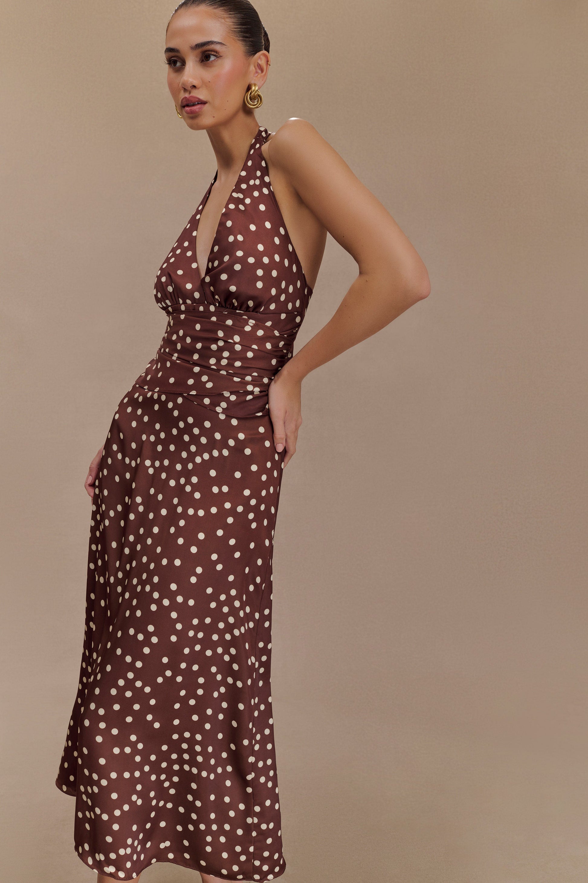 Marguerite Satin Halter Midi Dress - Brown Polka Dot Print #3