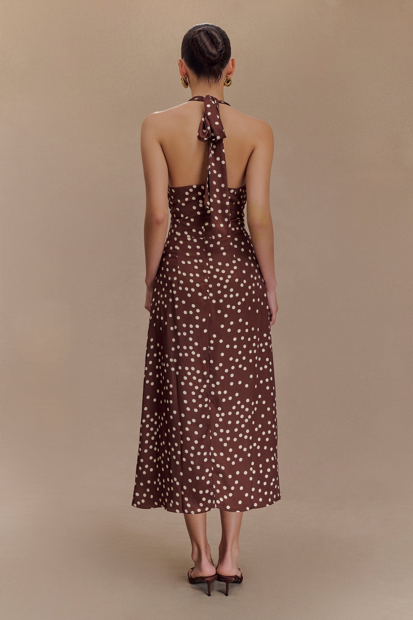 Marguerite Satin Halter Midi Dress - Brown Polka Dot Print