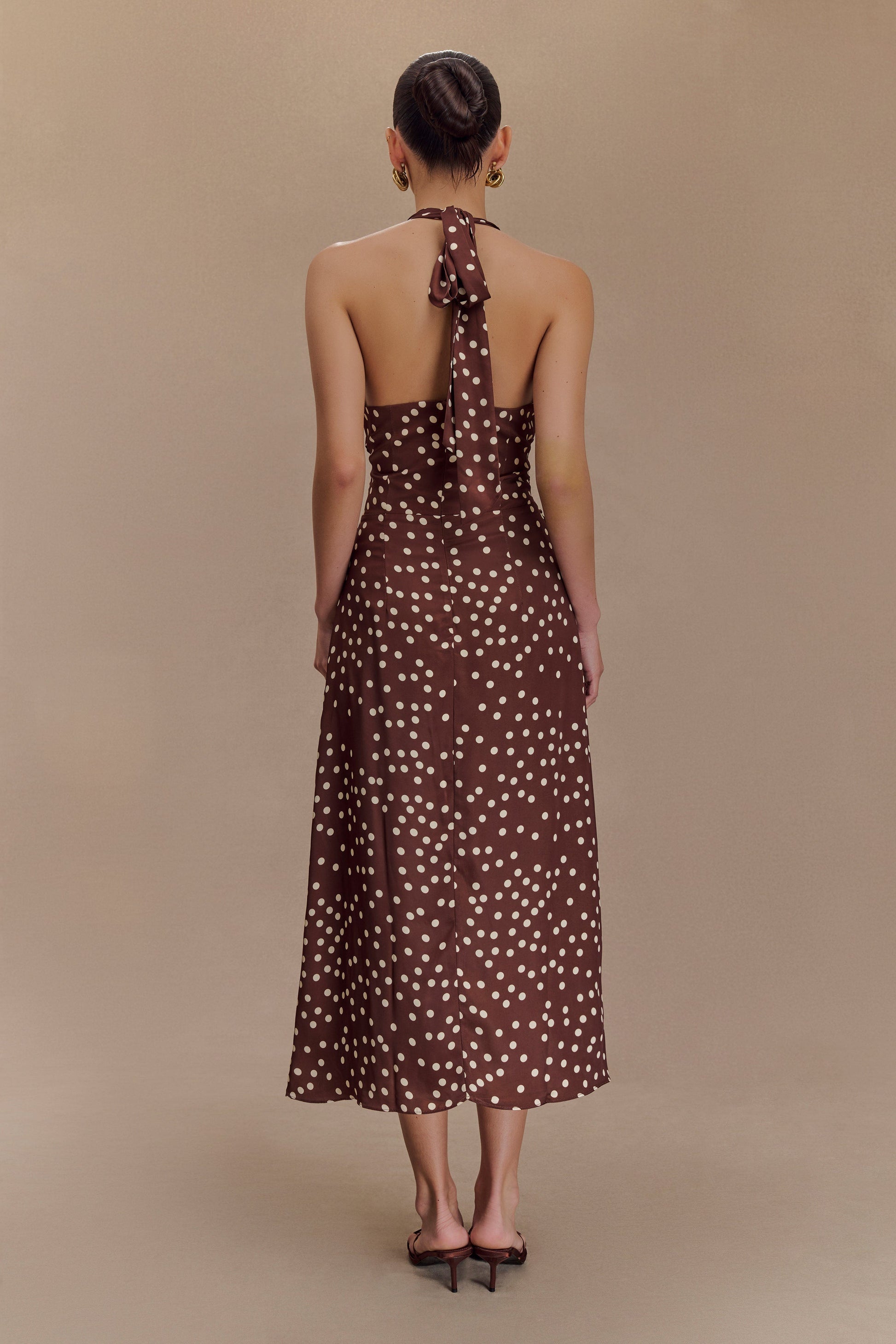 Marguerite Satin Halter Midi Dress - Brown Polka Dot Print #2