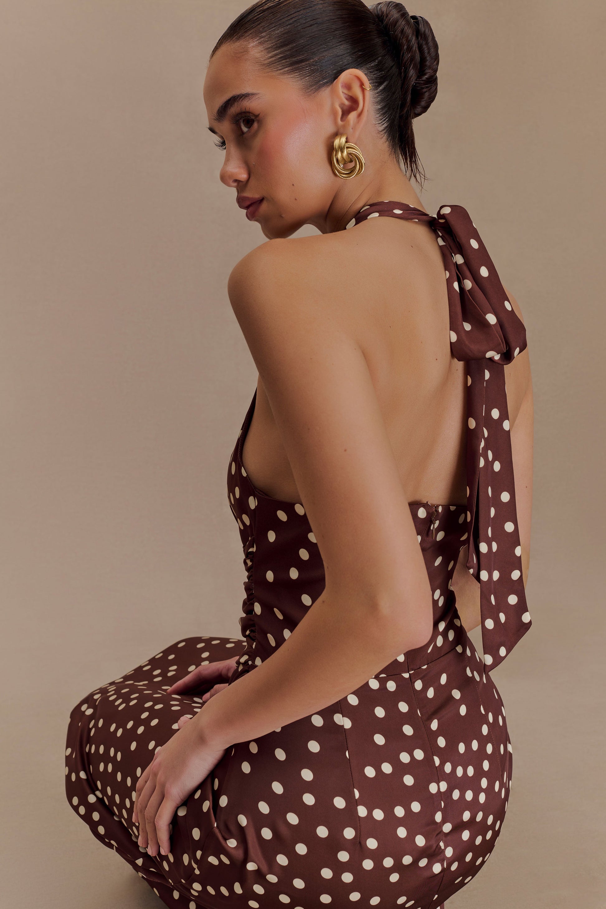 Marguerite Satin Halter Midi Dress - Brown Polka Dot Print #5