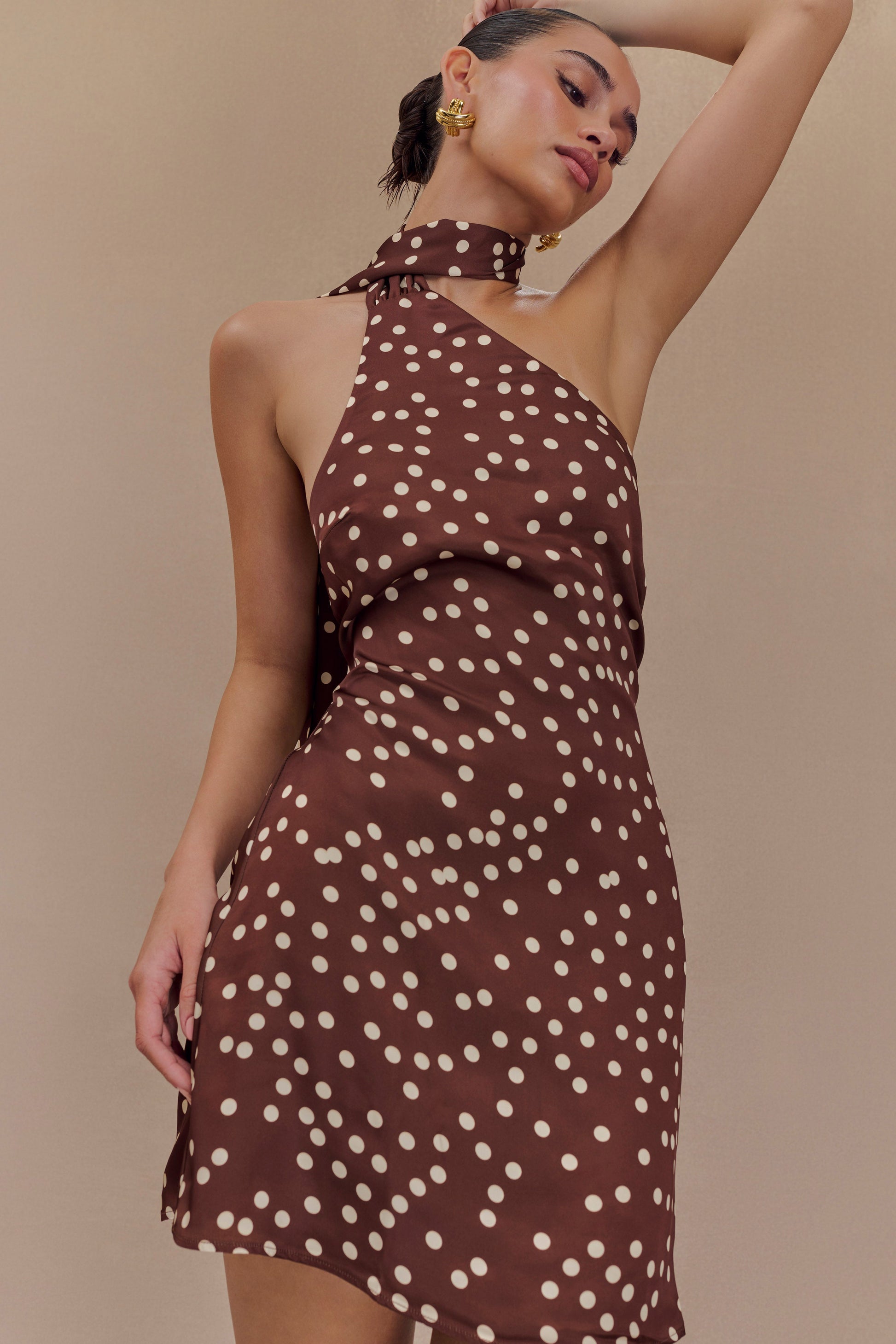 Joan Satin Asymmetrical Mini Dress - Brown Polka Dot Print #3