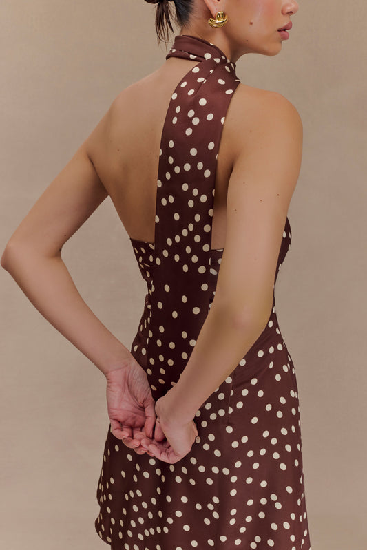 Joan Satin Asymmetrical Mini Dress - Brown Polka Dot Print