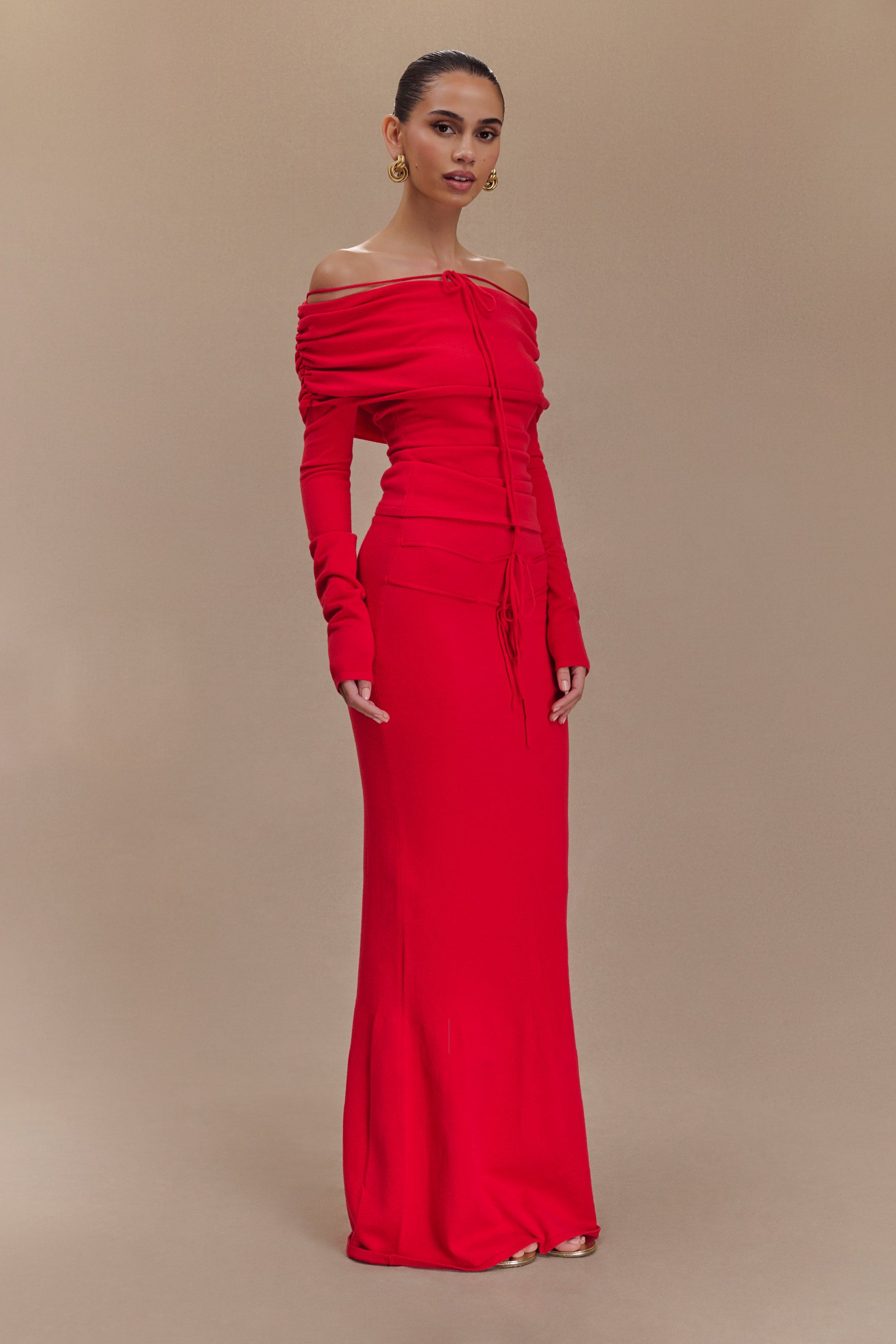 Polly Off Shoulder Long Sleeve Knit Top - Red #5