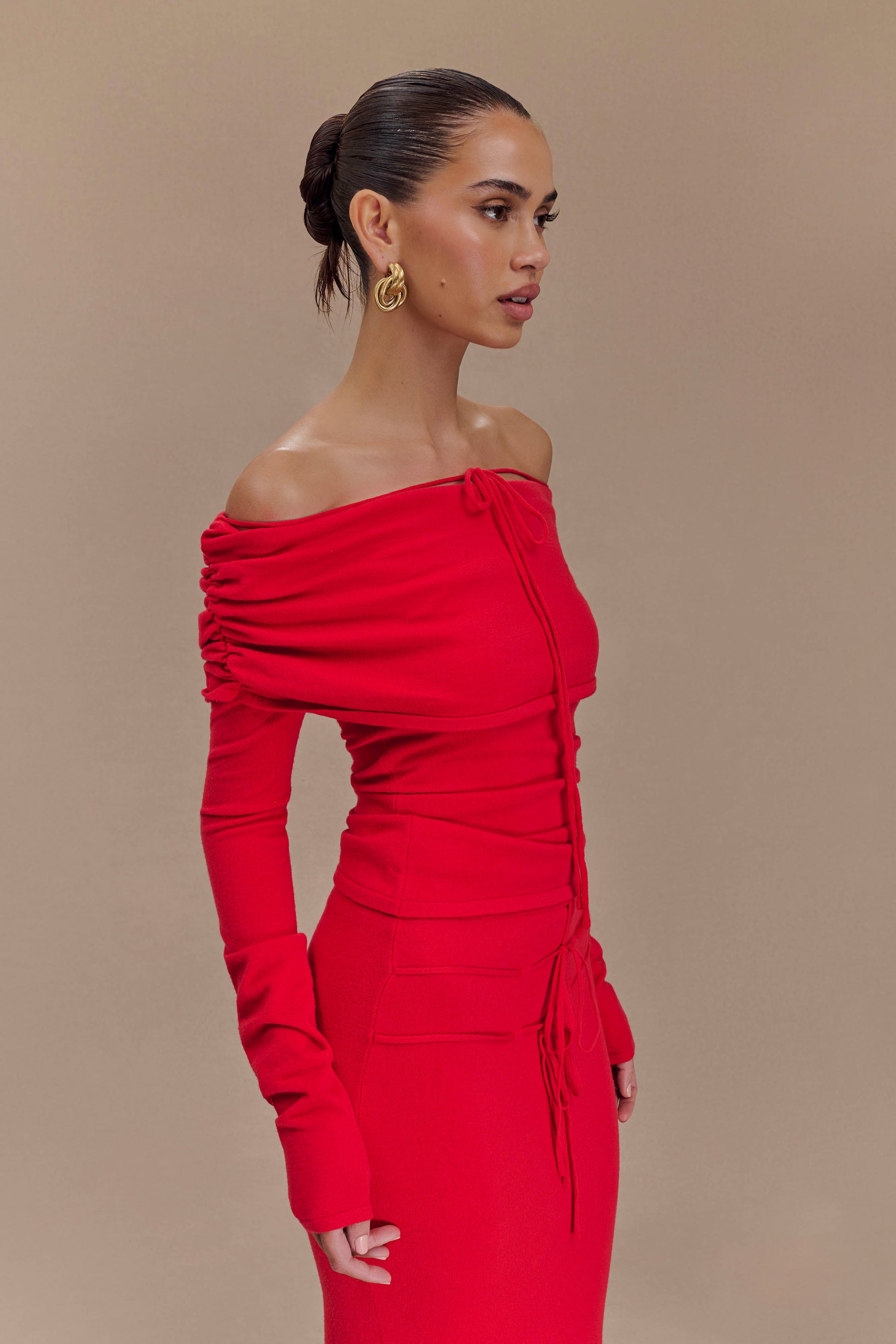 Polly Off Shoulder Long Sleeve Knit Top - Red #3