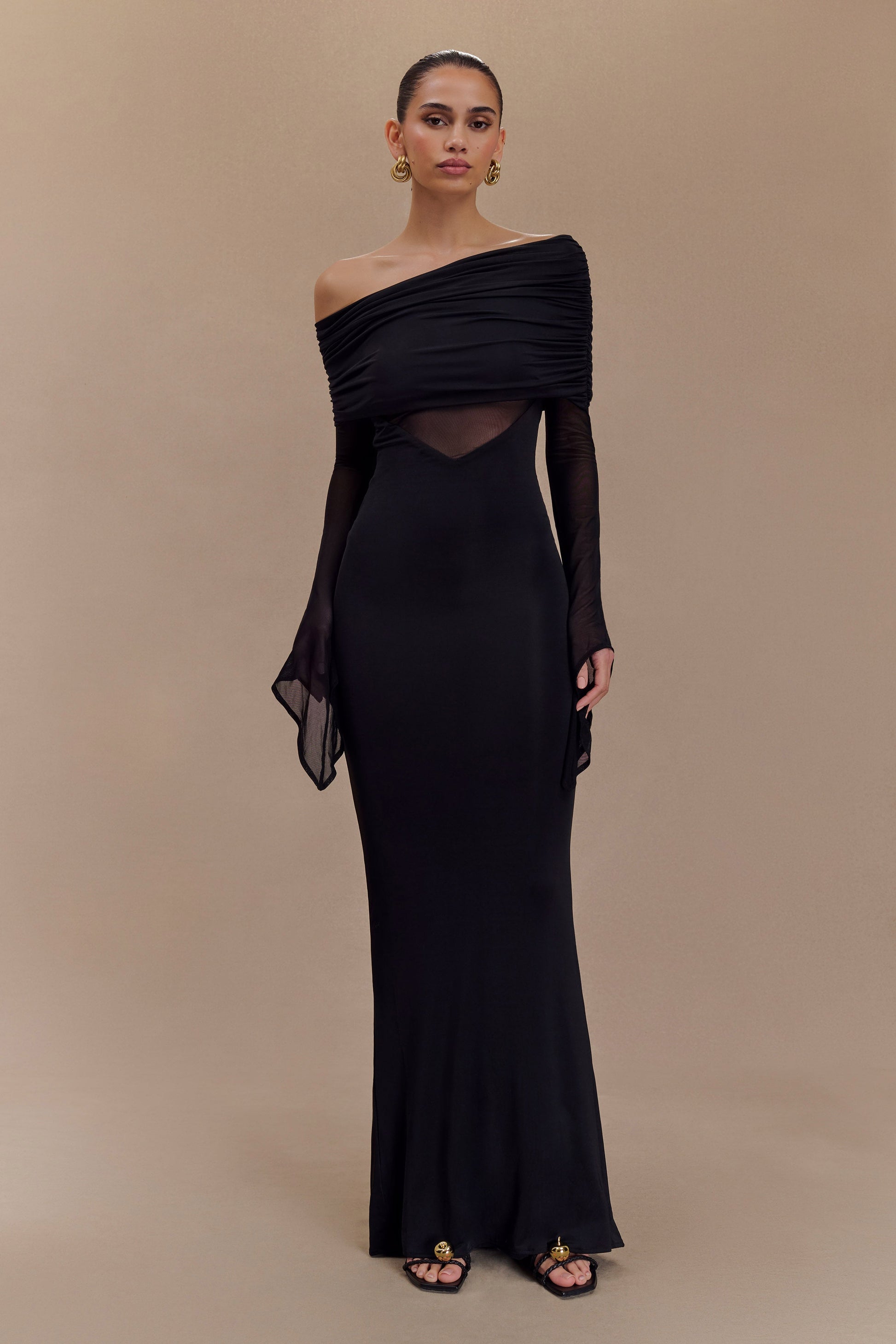 Kaitlin One Shoulder Slinky And Mesh Maxi Dress - Black #5