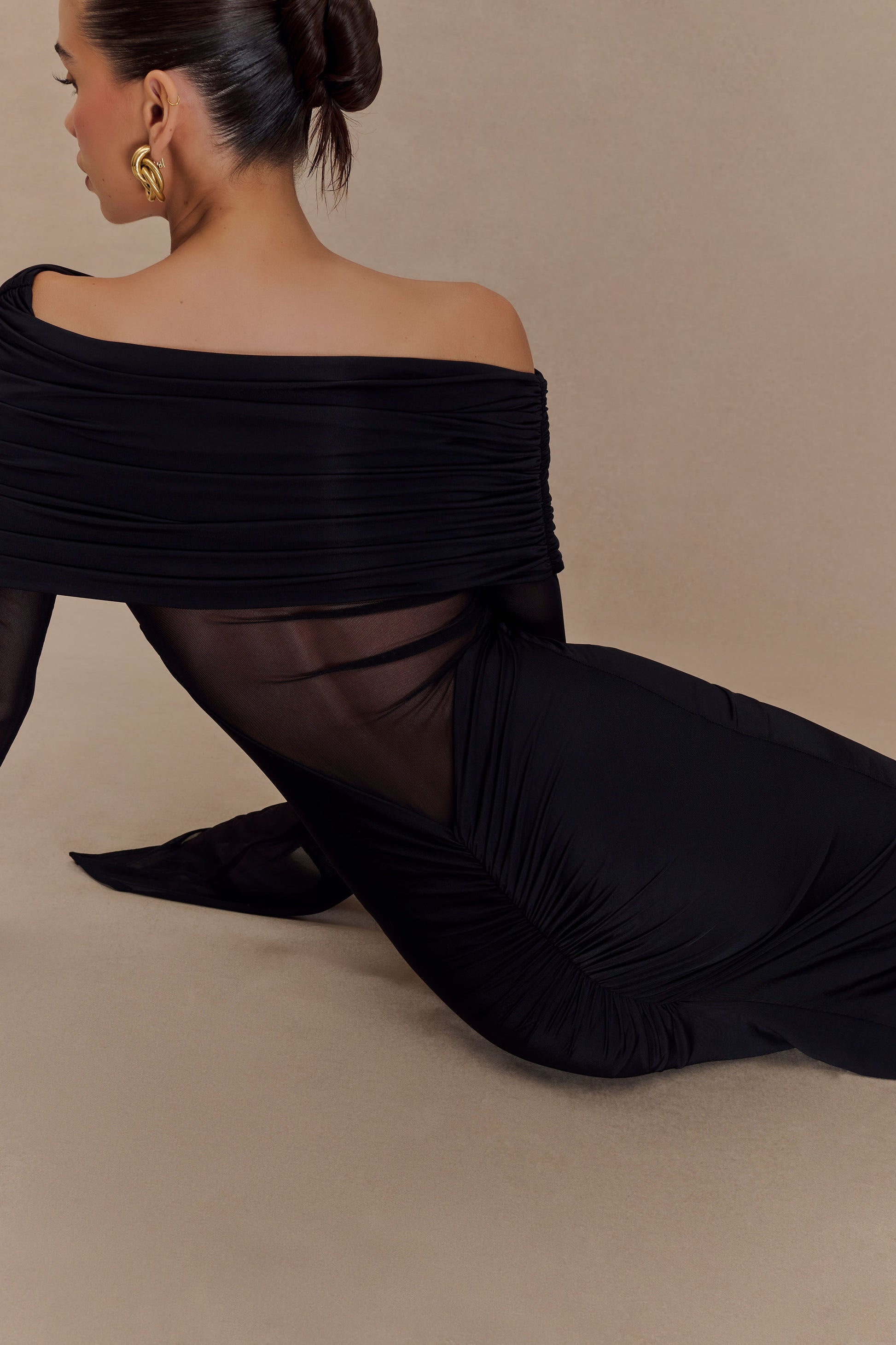 Kaitlin One Shoulder Slinky And Mesh Maxi Dress - Black #4