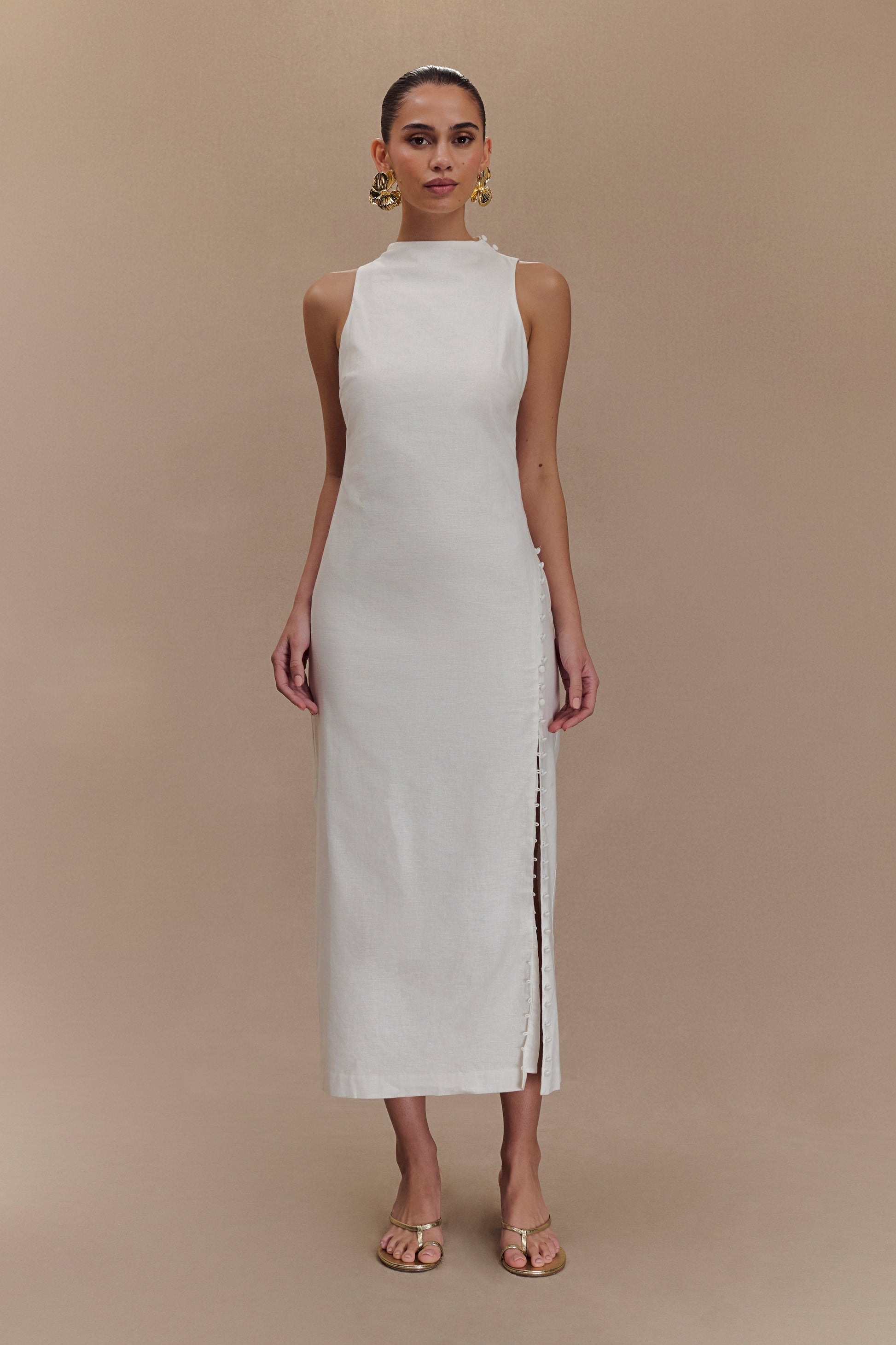 Bronte Linen Button Midi Dress - White #6