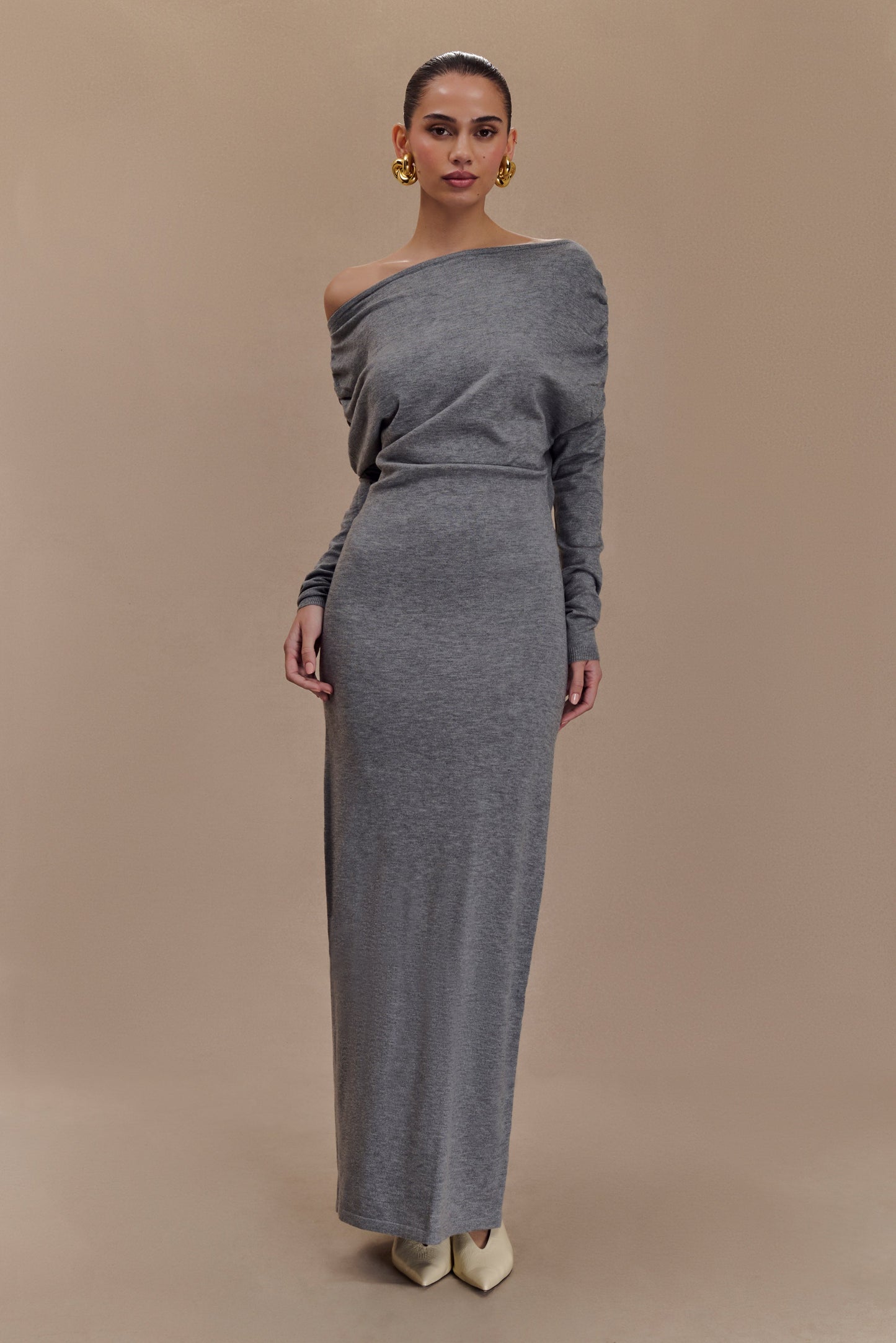 Jessie Cowl Neck Knit Midi Dress - Charcoal Marle