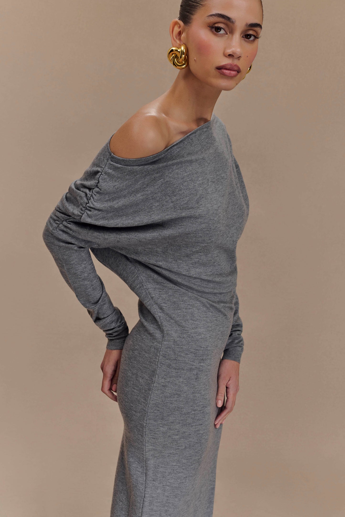 Jessie Cowl Neck Knit Midi Dress - Charcoal Marle