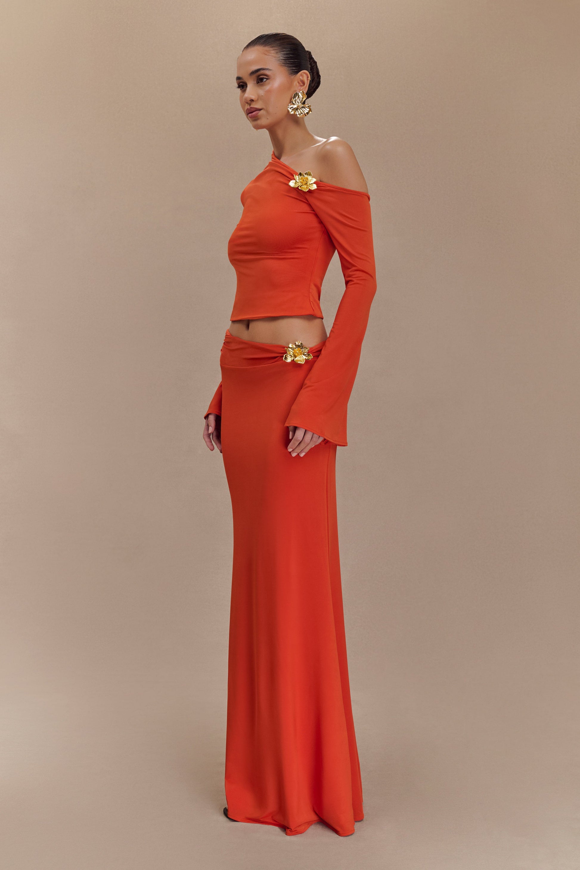 Ainsley Asymmetrical Maxi Skirt With Floral Hardware - Burnt Orange #3
