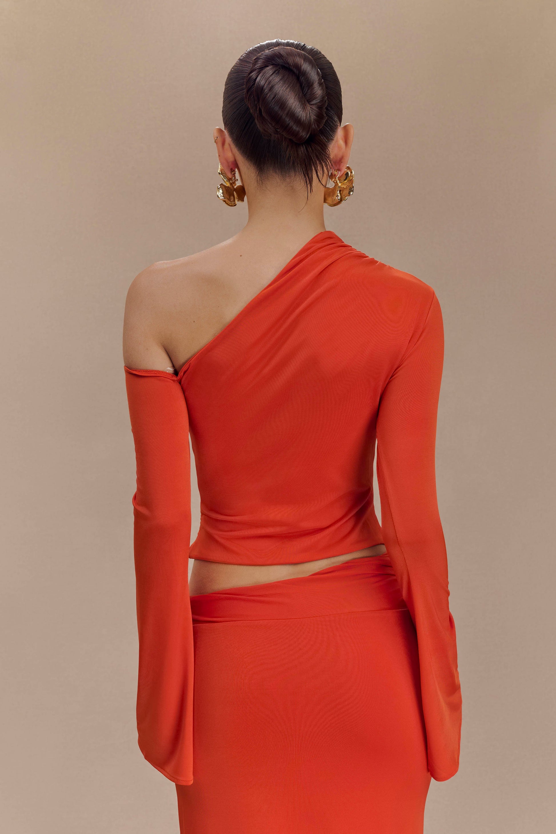 Ainsley Asymmetrical Long Sleeve Top With Floral Hardware - Burnt Orange #2