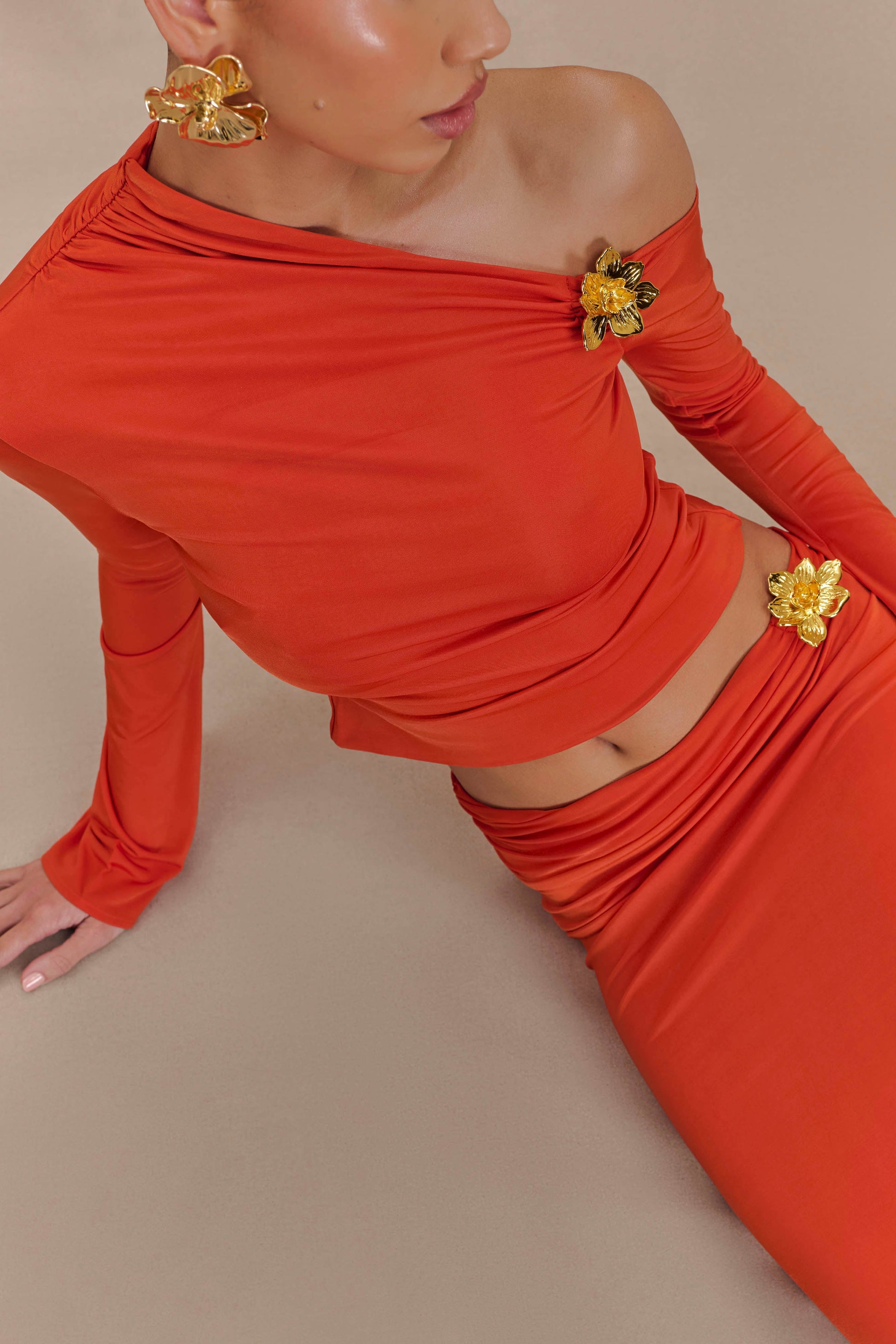 Ainsley Asymmetrical Long Sleeve Top With Floral Hardware - Burnt Orange #5