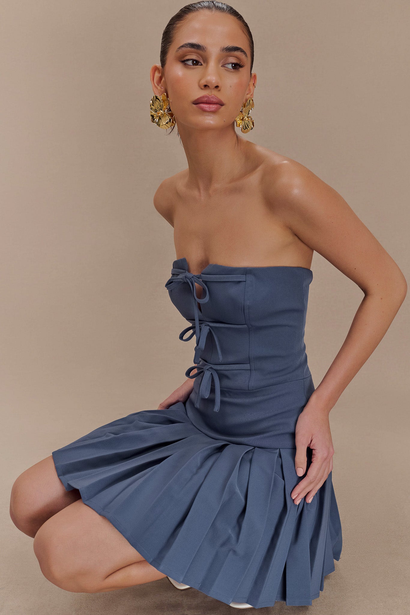 Naya Pleated Mini Dress With Ties - Steel #5