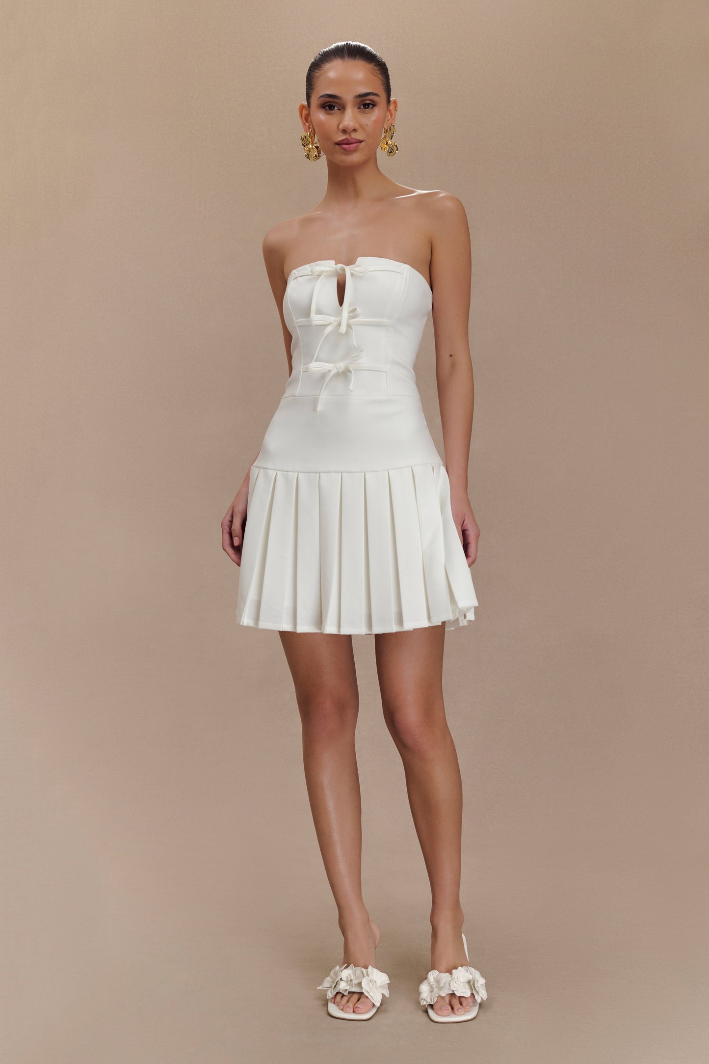 Naya Pleated Mini Dress With Ties - White