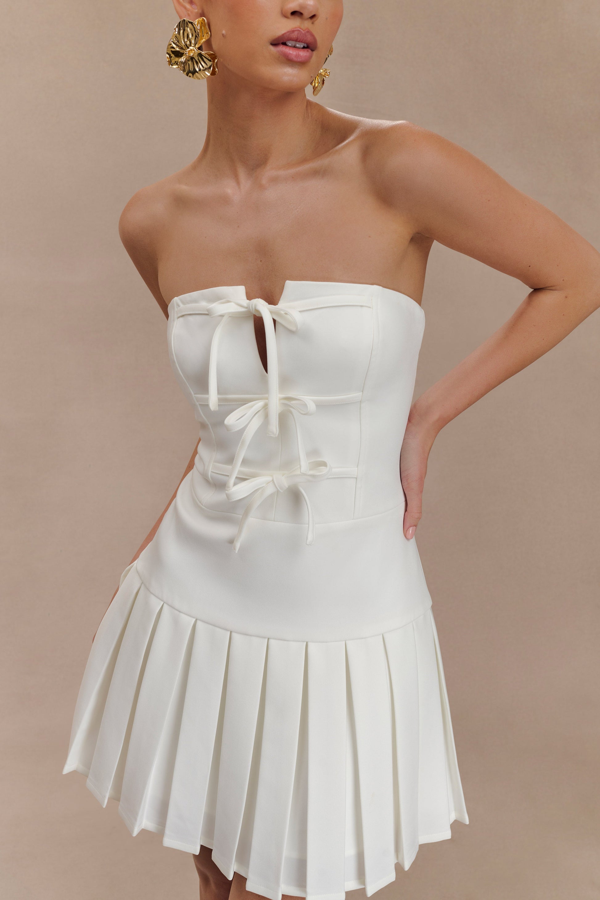 Naya Pleated Mini Dress With Ties - White #3