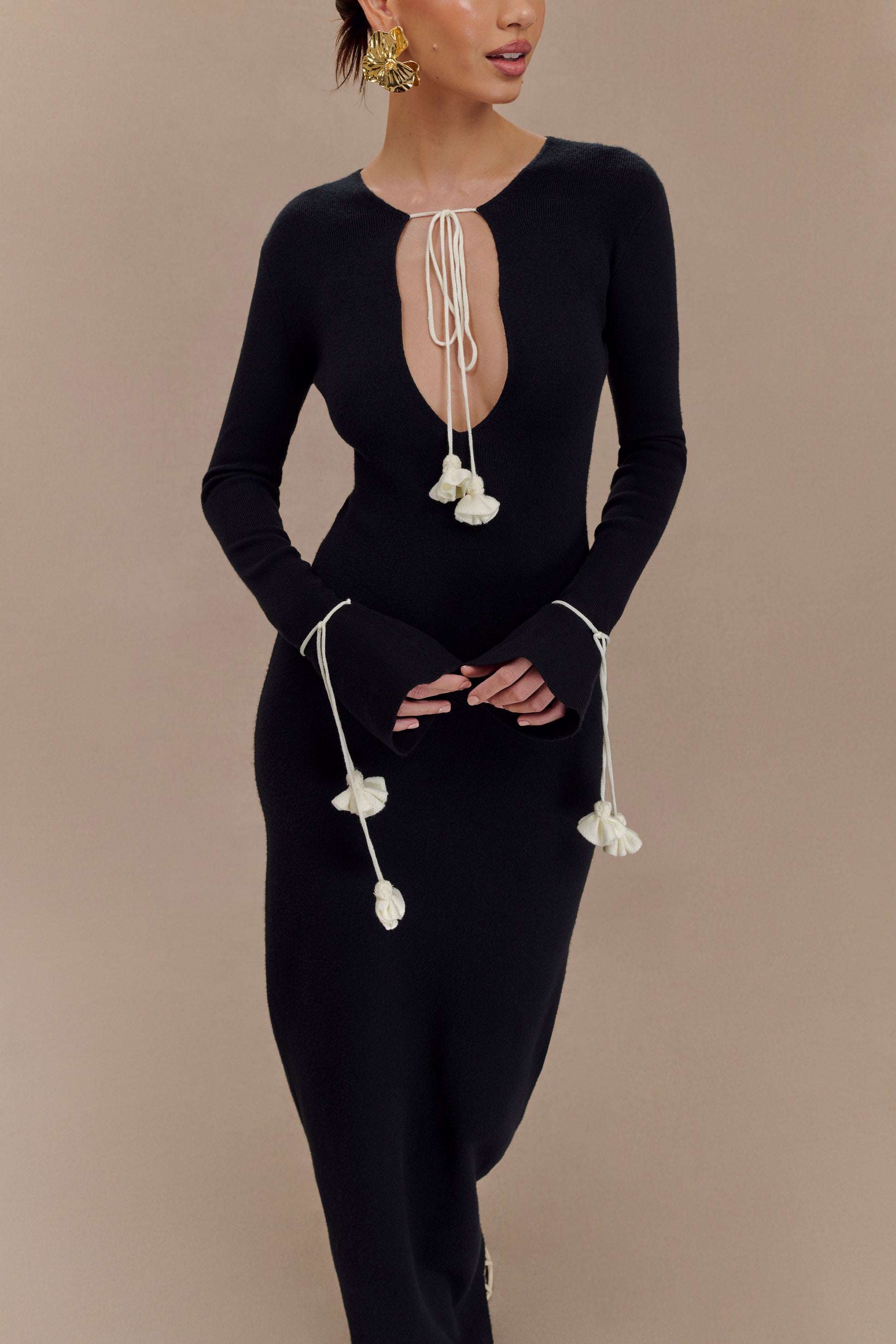 Erica Knit Maxi Dress With Floral Ties - Black And White #8