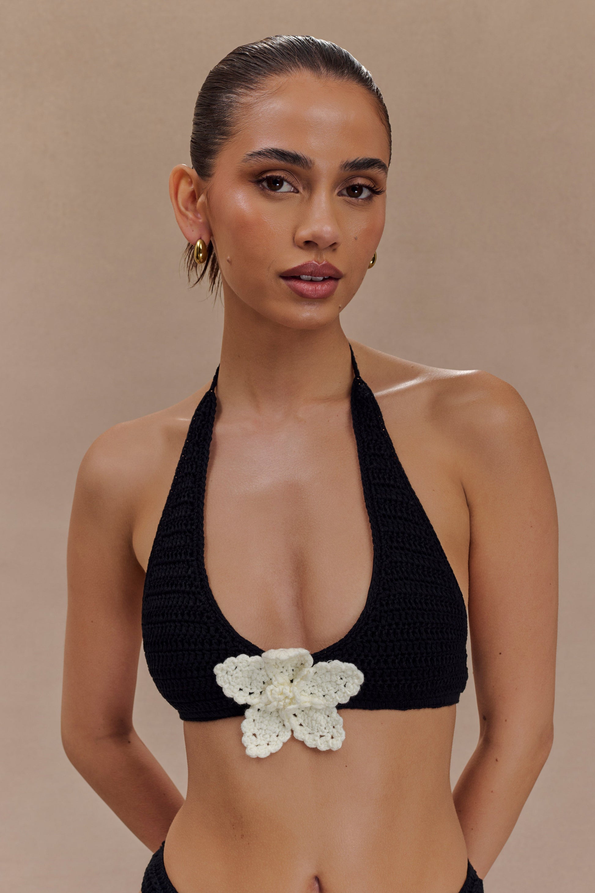 Rhiannon Floral Crochet Halter Bikini Top - Black And White #2