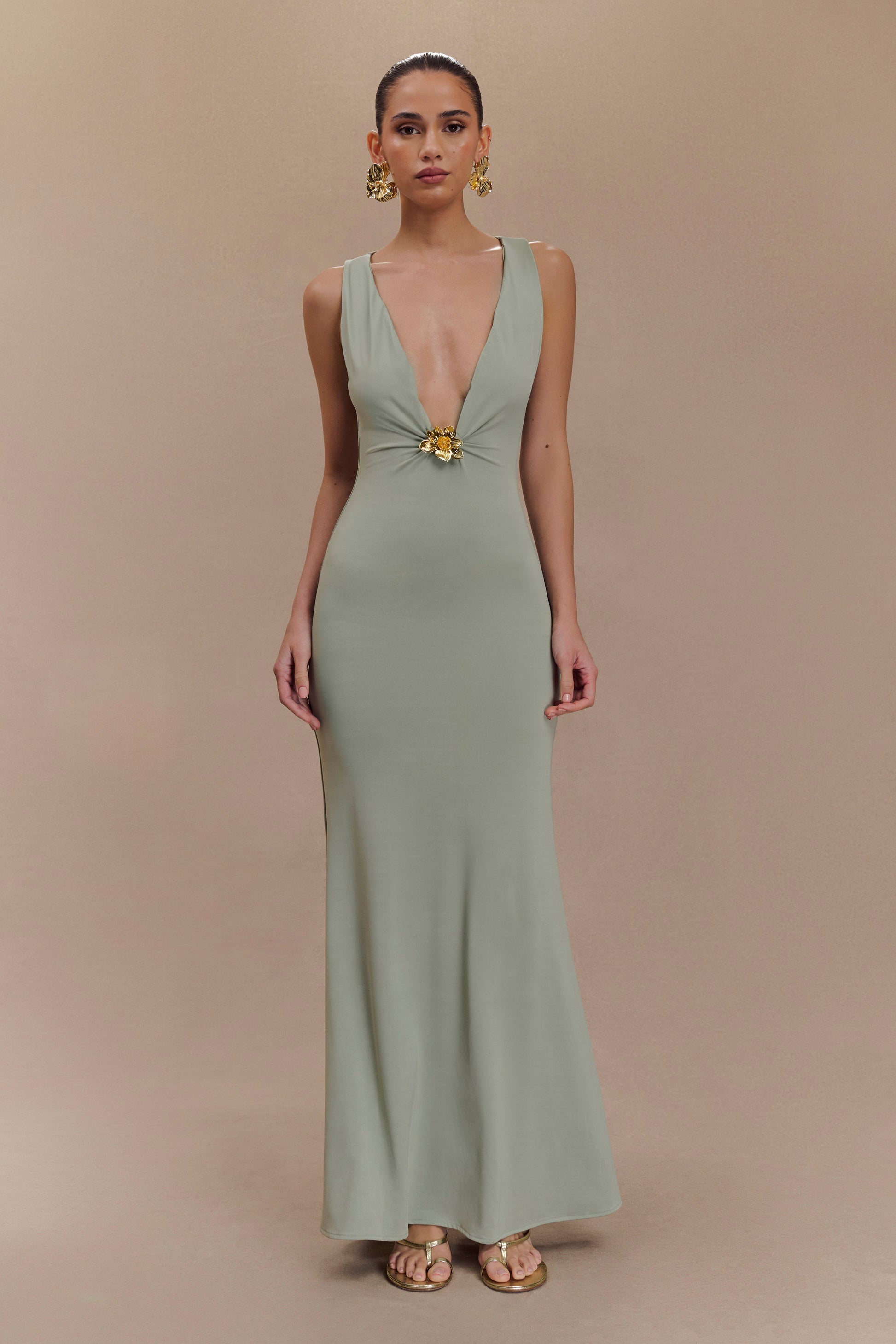 Beck Plunge Maxi Dress With Floral Hardware - Basil #6