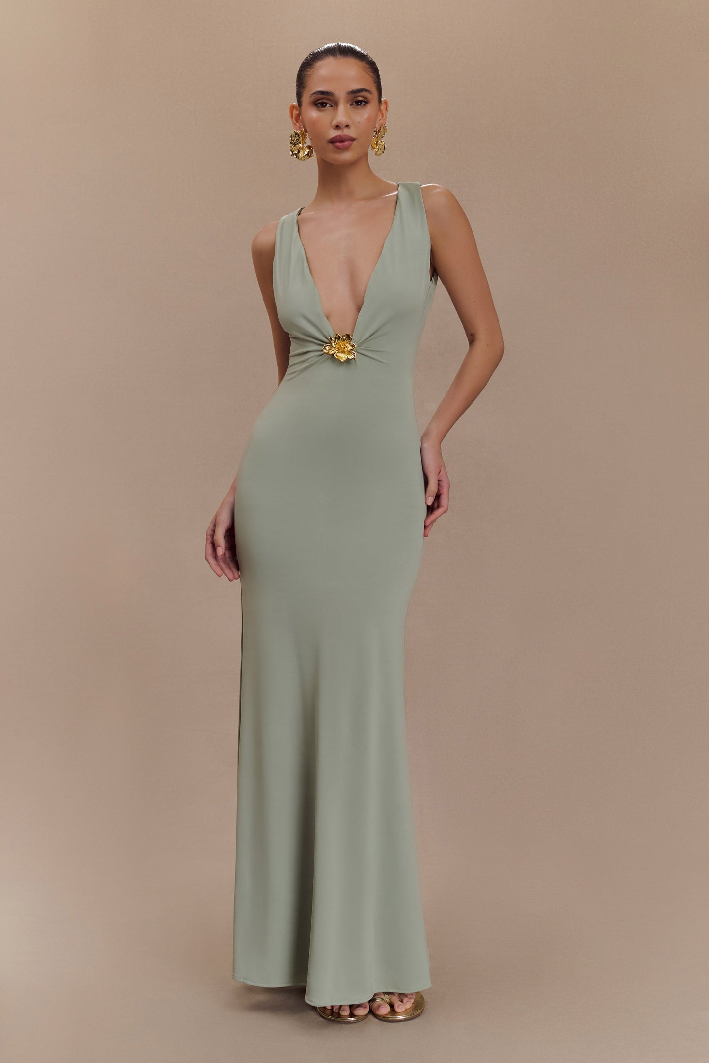 Beck Plunge Maxi Dress With Floral Hardware - Basil