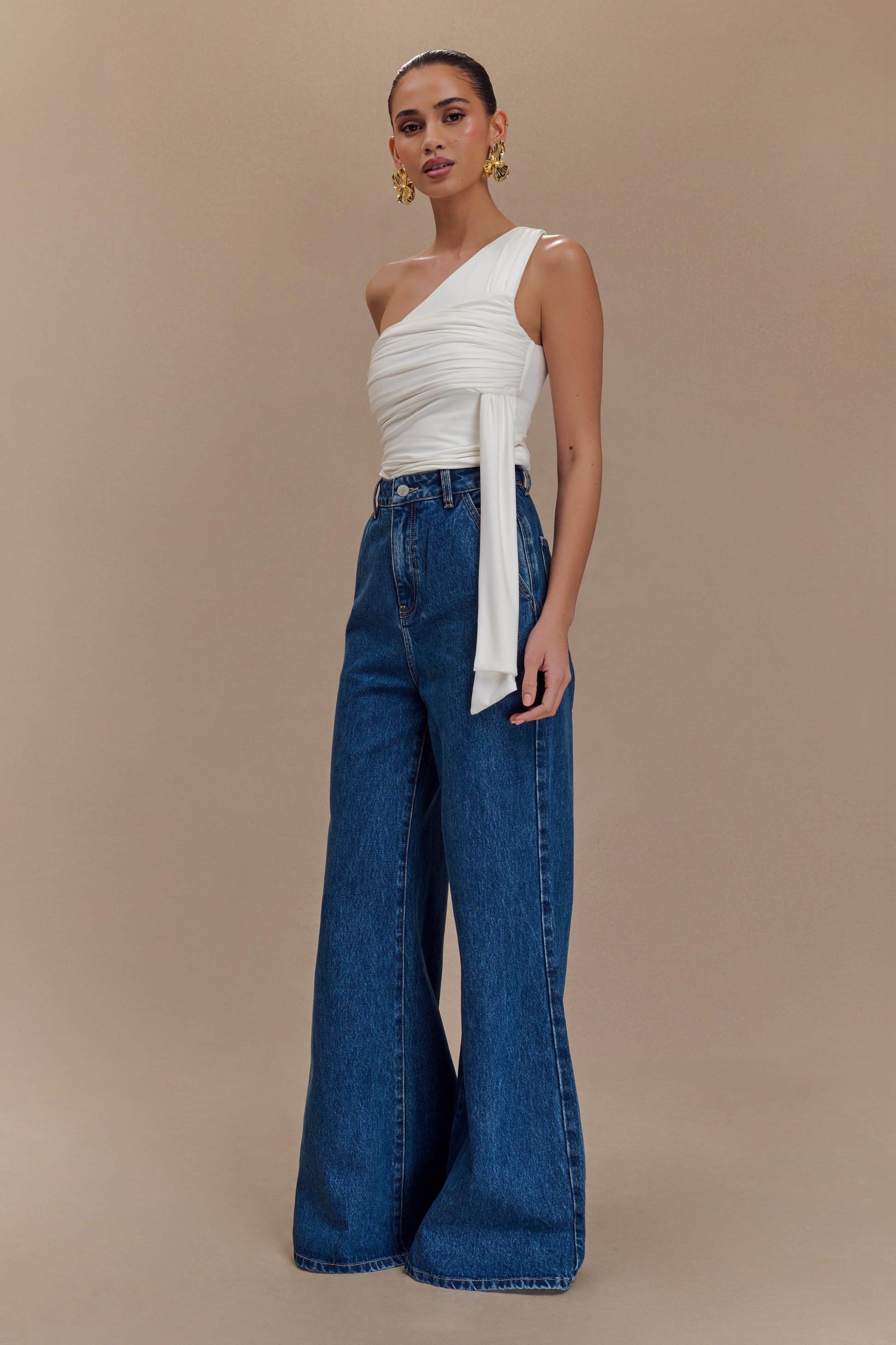 Sera One Shoulder Recycled Nylon Top With Drape - Ivory #4