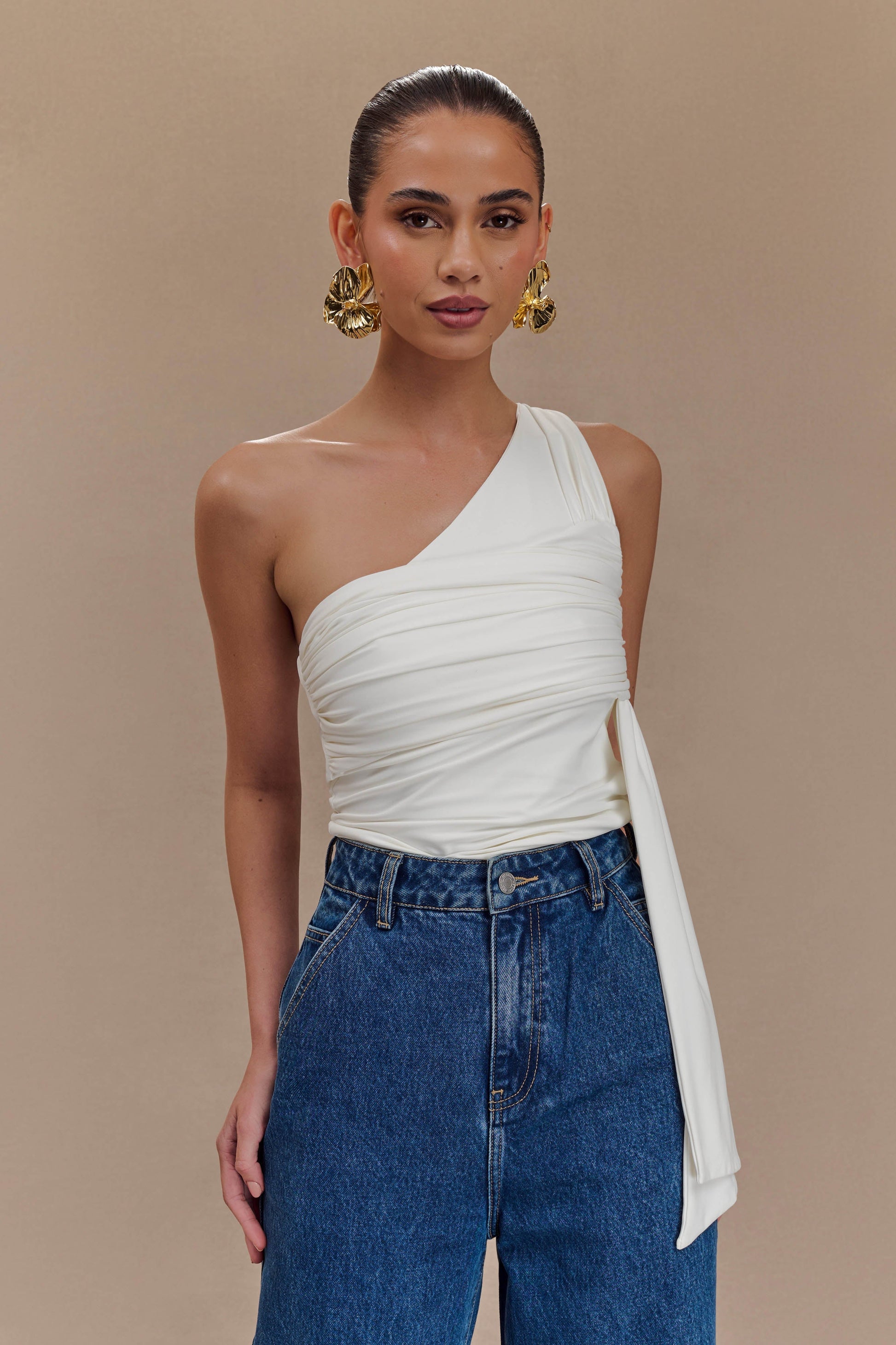 Sera One Shoulder Recycled Nylon Top With Drape - Ivory #3