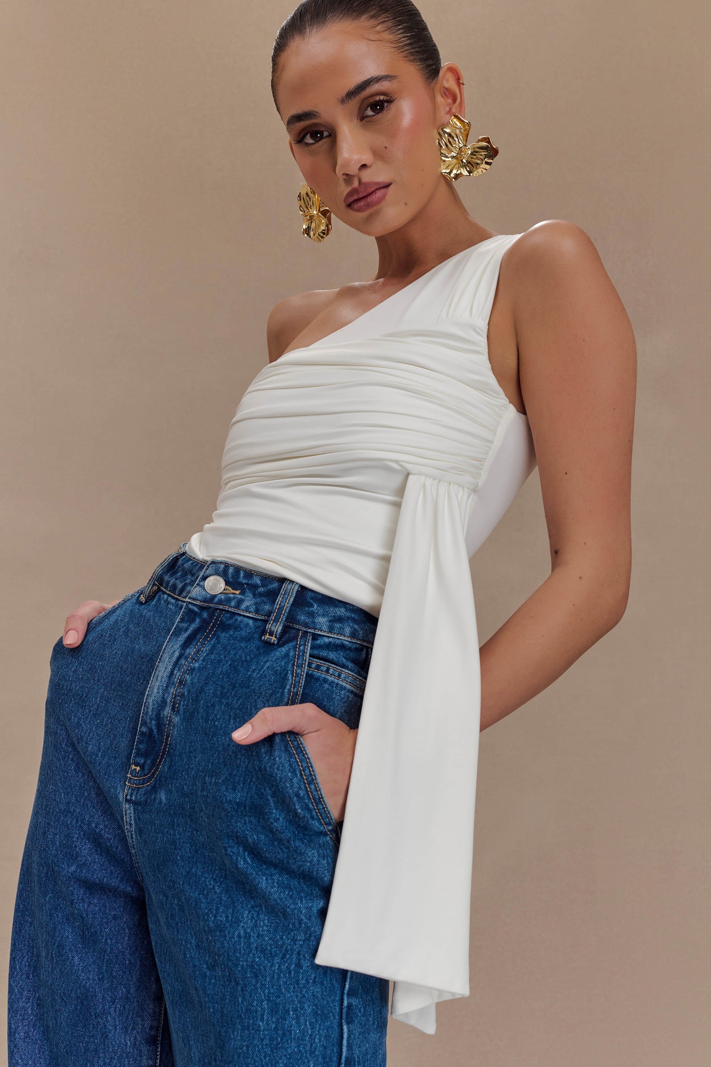 Sera One Shoulder Recycled Nylon Top With Drape - Ivory