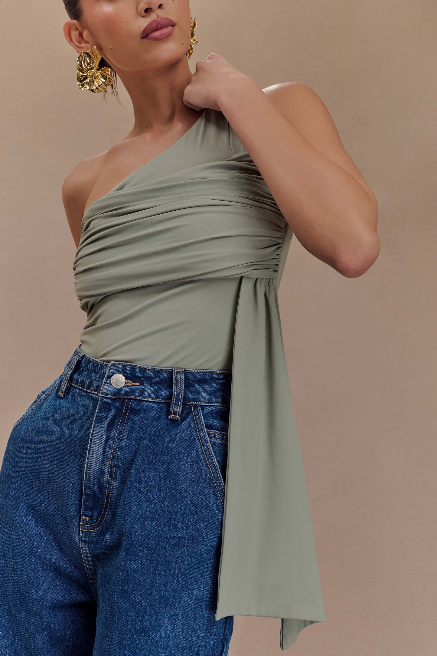 Sera One Shoulder Recycled Nylon Top With Drape - Basil