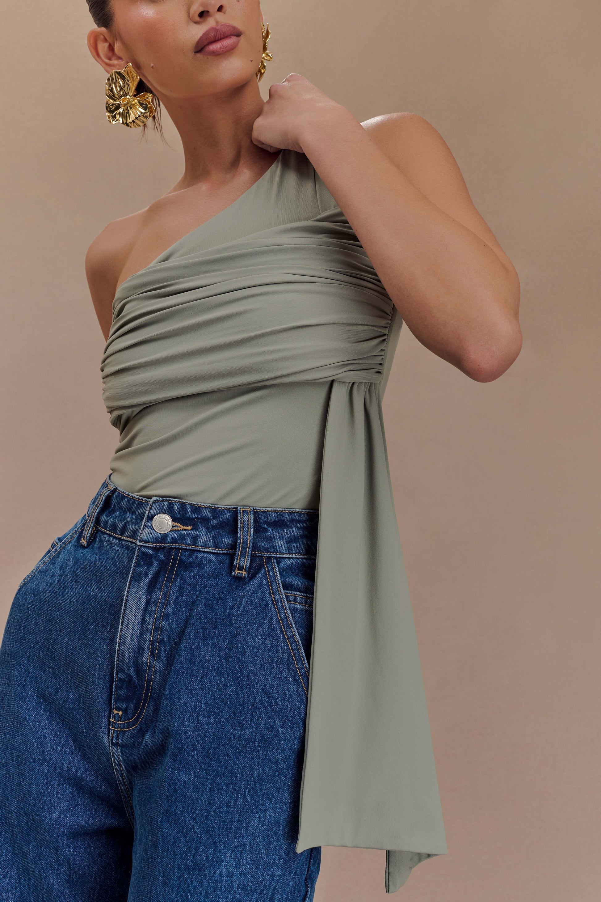 Sera One Shoulder Recycled Nylon Top With Drape - Basil #3