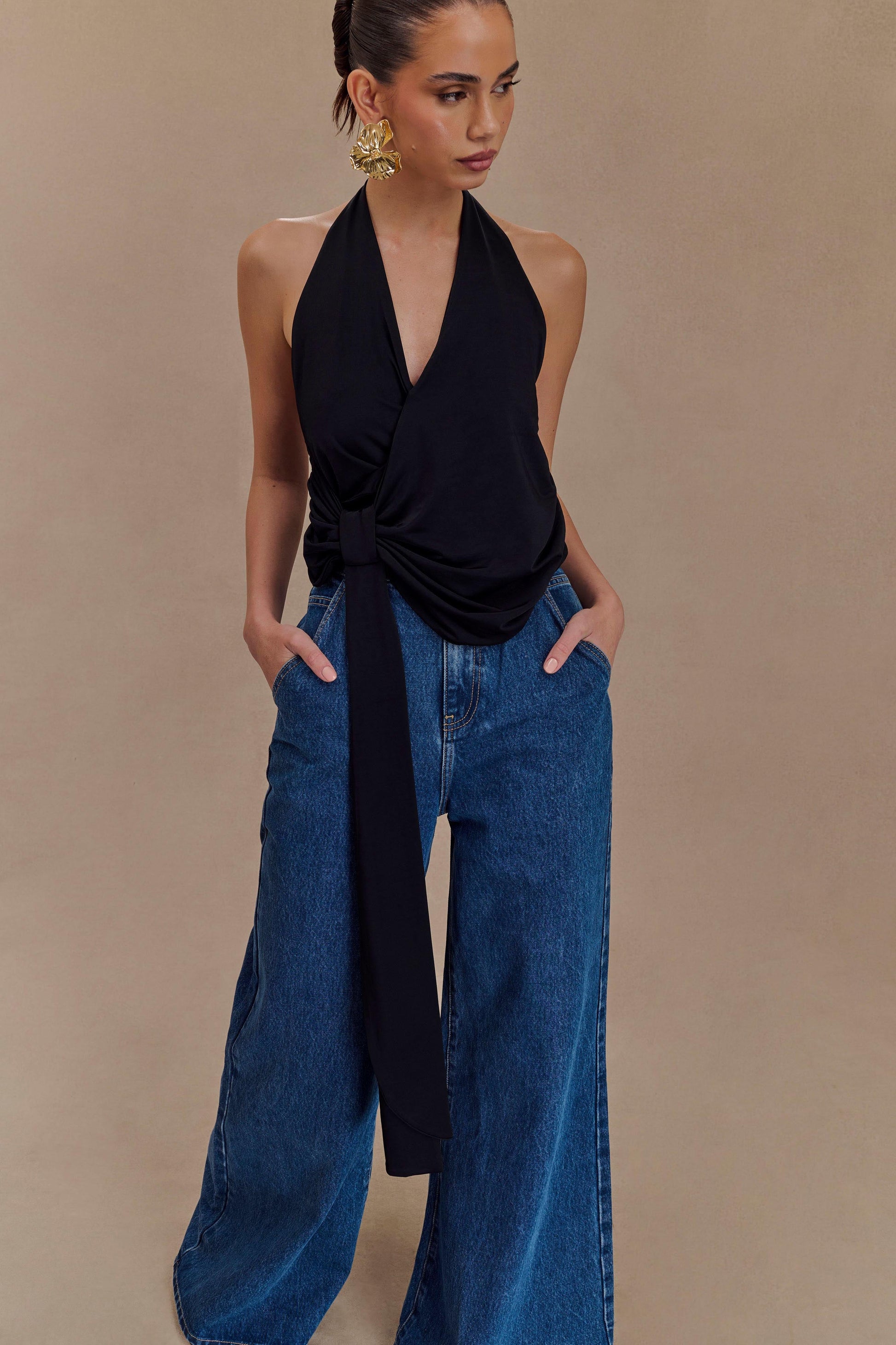 Tyla Draped Slinky Halter Top - Black #3