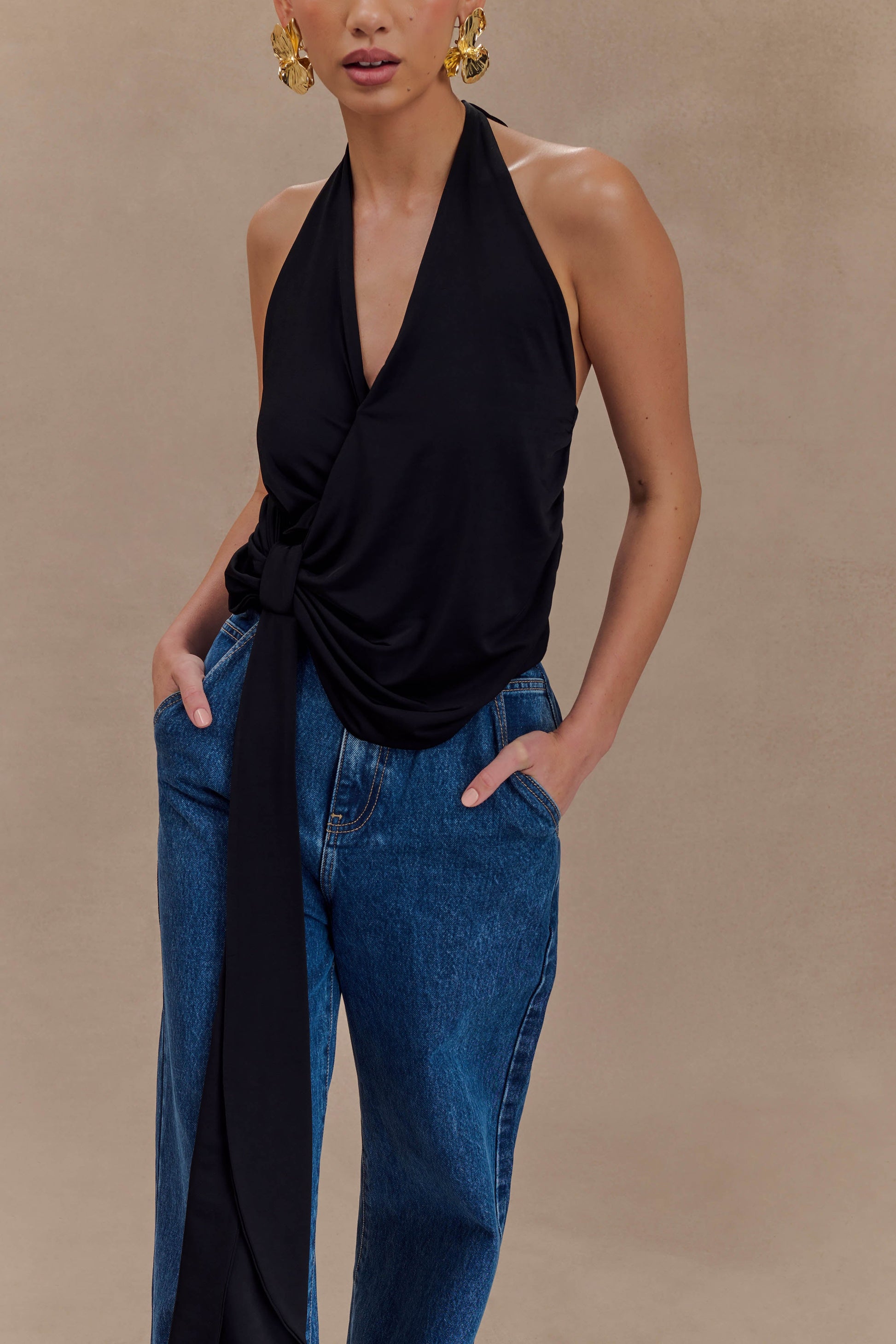 Tyla Draped Slinky Halter Top - Black #5