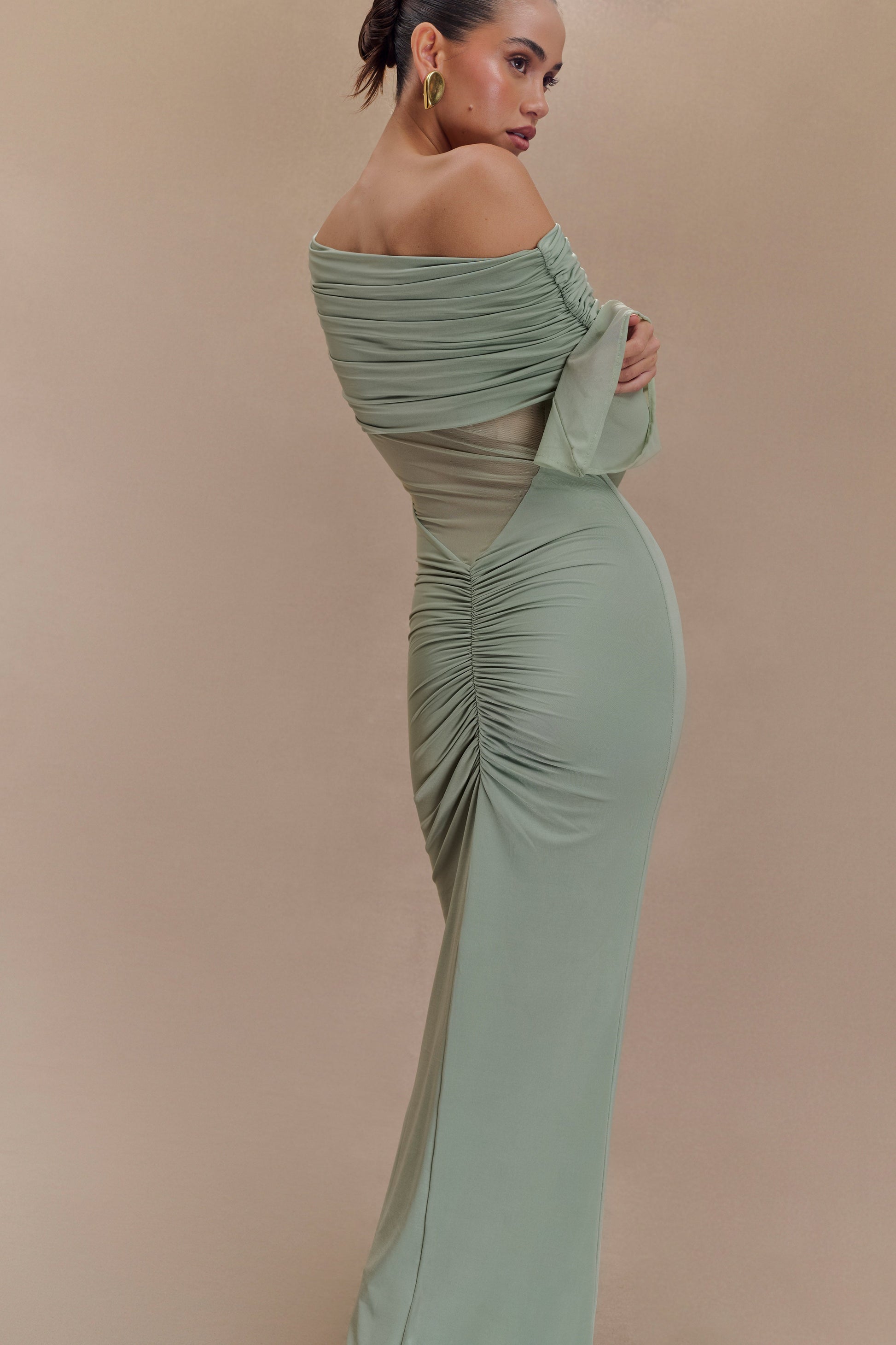 Kaitlin One Shoulder Slinky And Mesh Maxi Dress - Basil #4