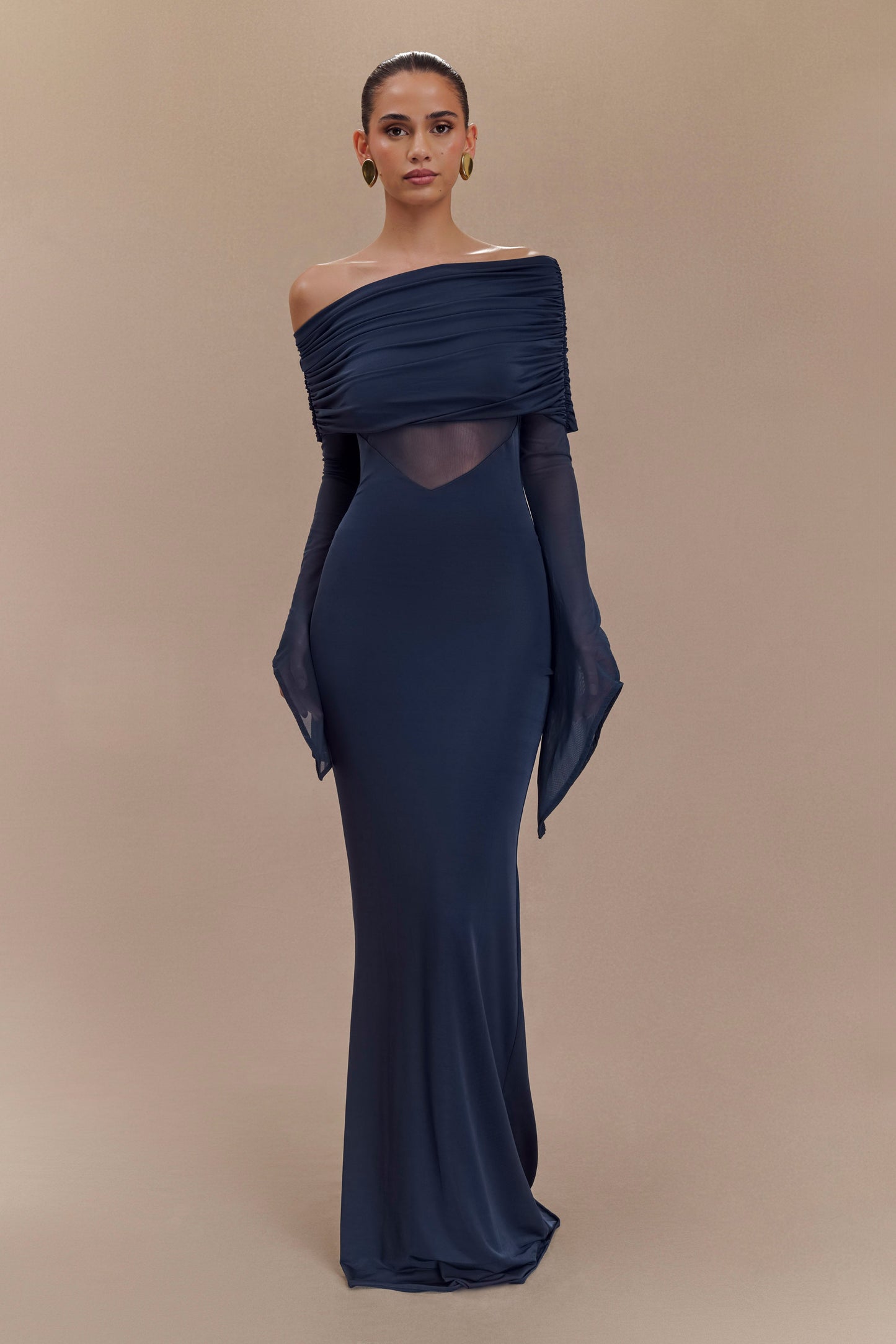 Kaitlin One Shoulder Slinky And Mesh Maxi Dress - Midnight Blue