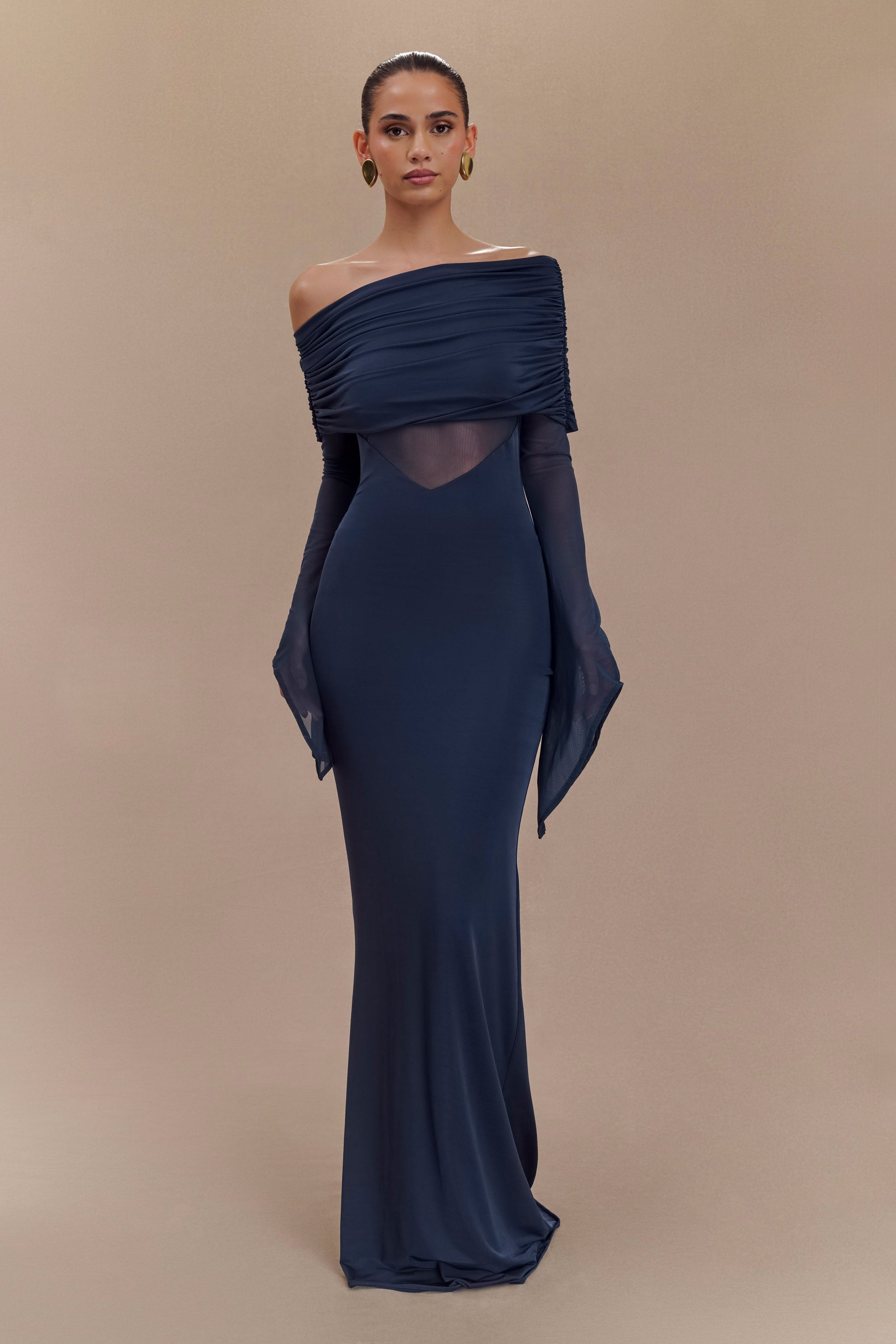 Kaitlin One Shoulder Slinky And Mesh Maxi Dress - Midnight Blue #5