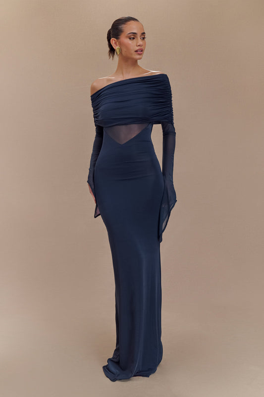 Kaitlin One Shoulder Slinky And Mesh Maxi Dress - Midnight Blue