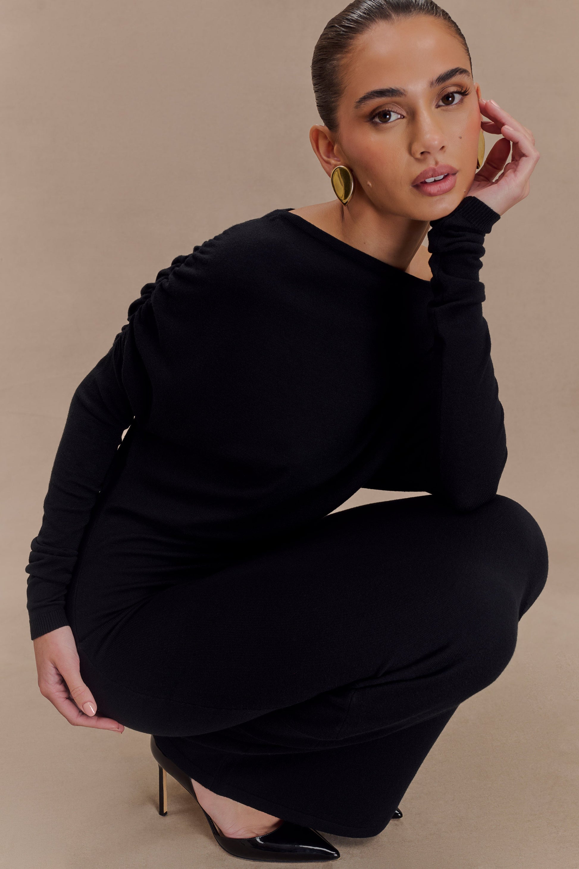 Jessie Cowl Neck Knit Midi Dress - Black #5