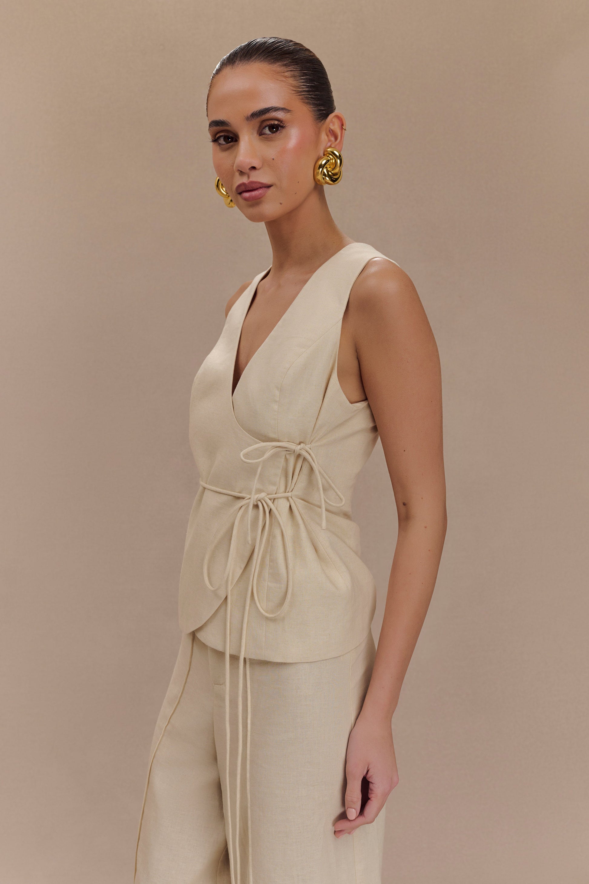 Brandi Linen Sleeveless Wrap Top - Wheat Marle #4