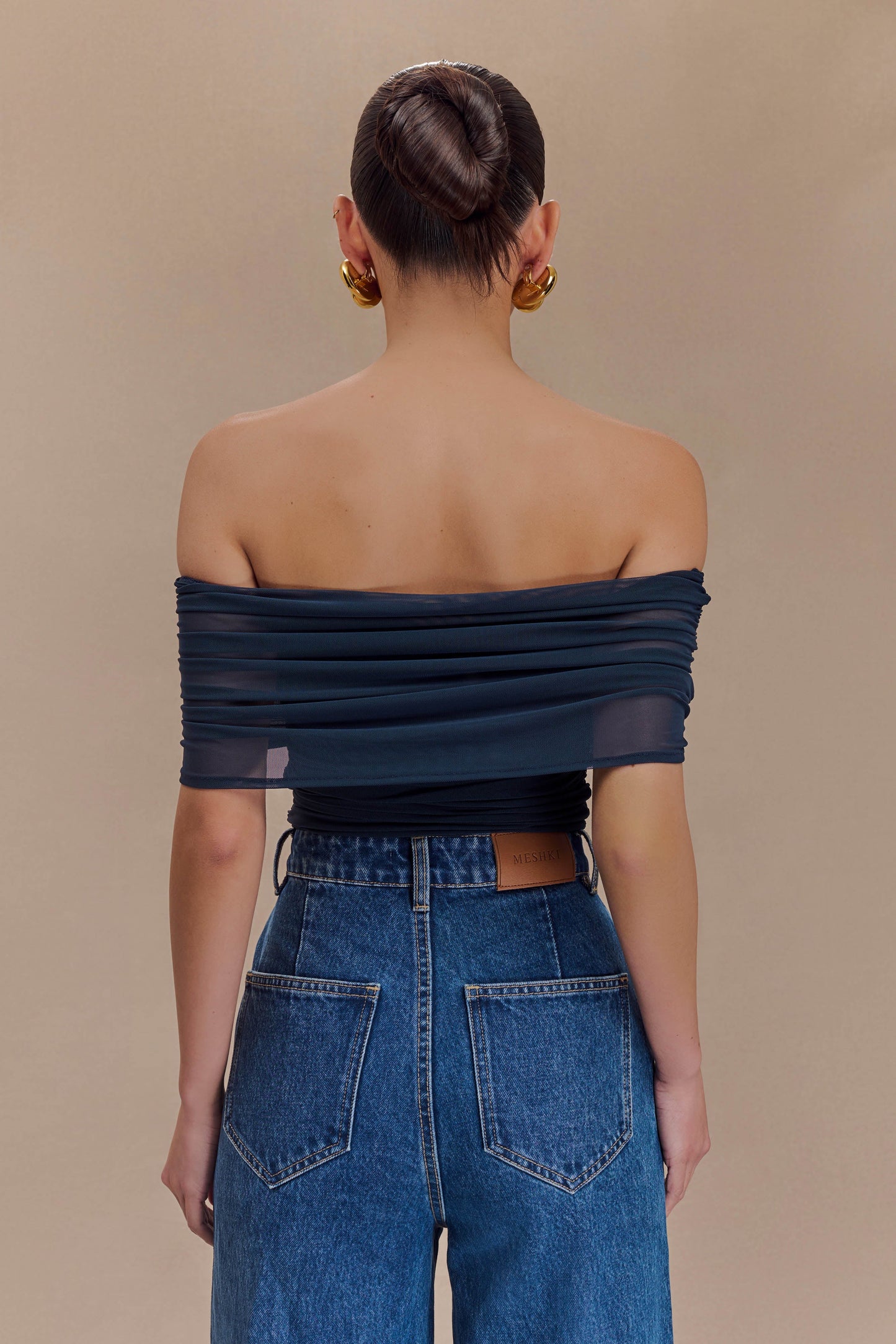 Arna Off Shoulder Mesh Crop Top - Midnight Blue