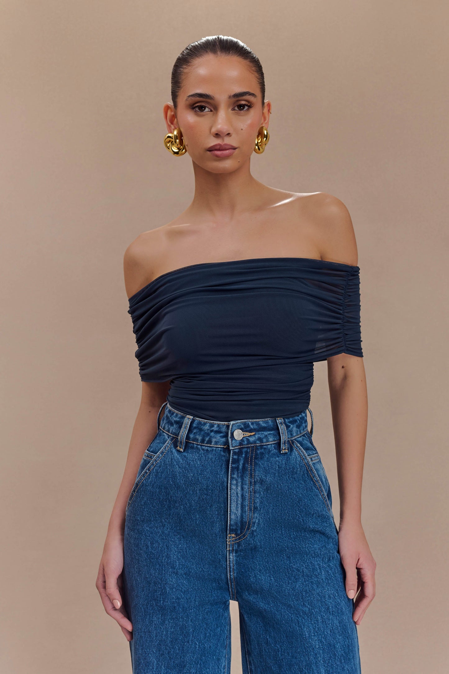 Arna Off Shoulder Mesh Crop Top - Midnight Blue