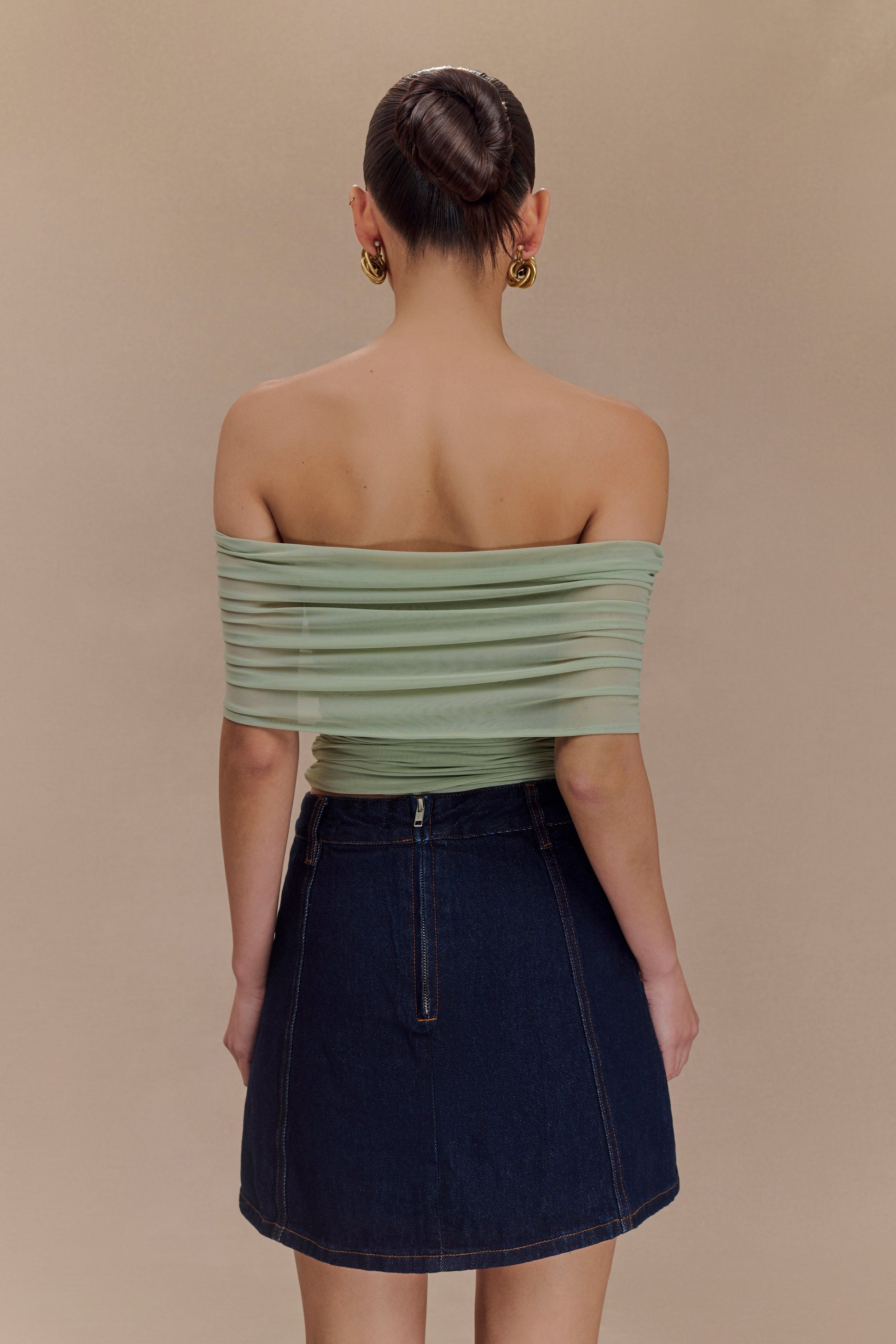 Arna Off Shoulder Mesh Crop Top - Basil #2