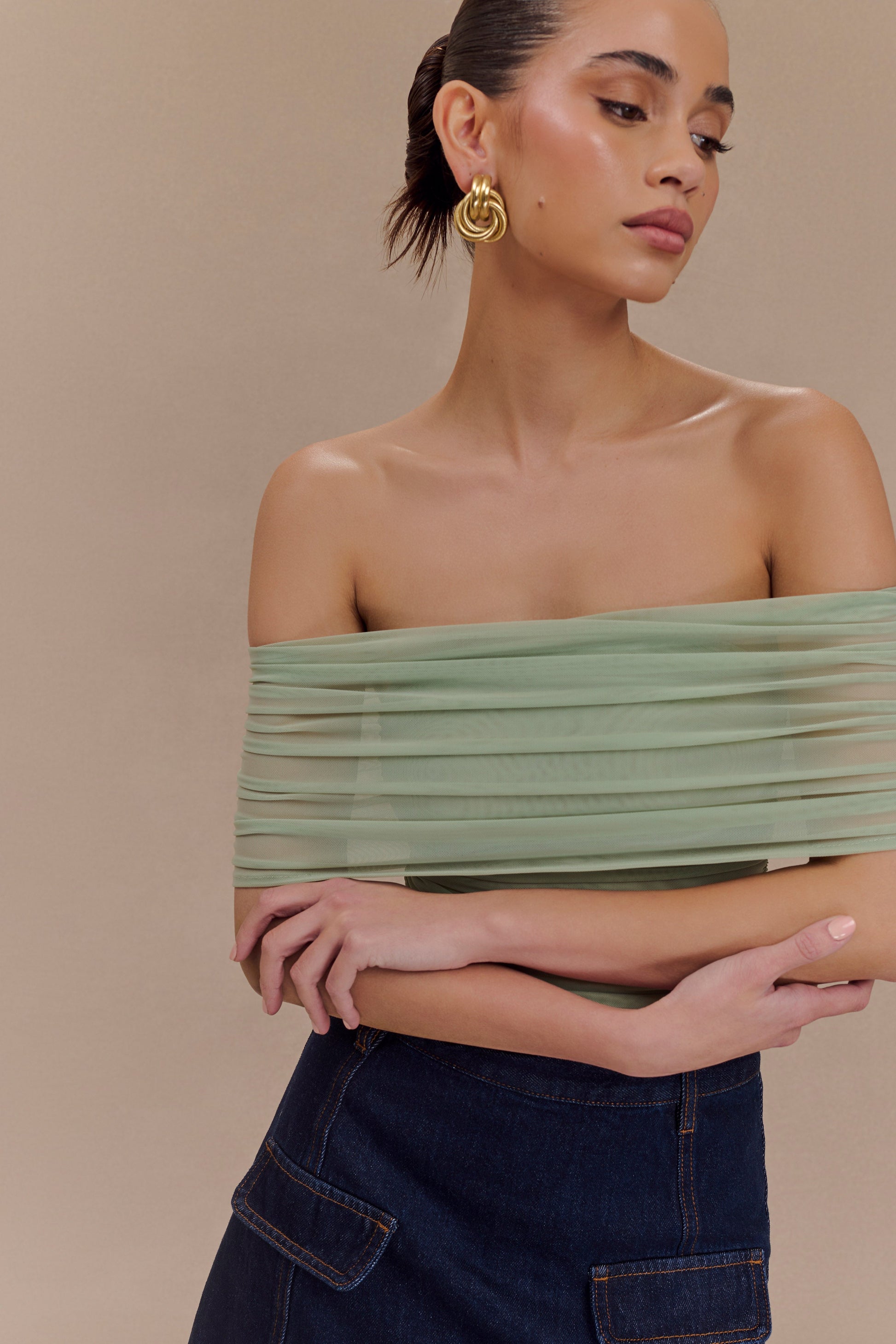Arna Off Shoulder Mesh Crop Top - Basil #3