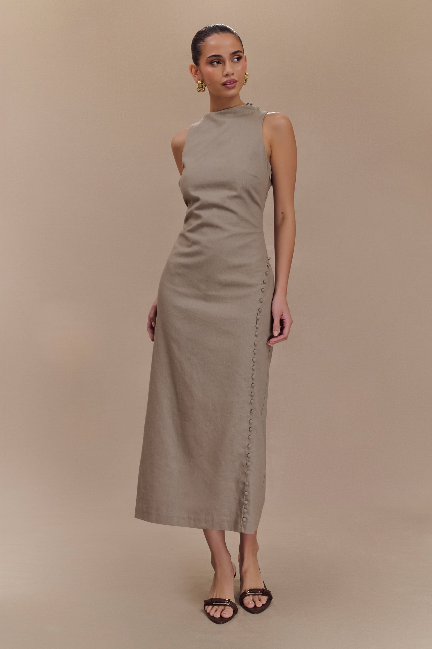 Bronte Linen Button Midi Dress - Pebble